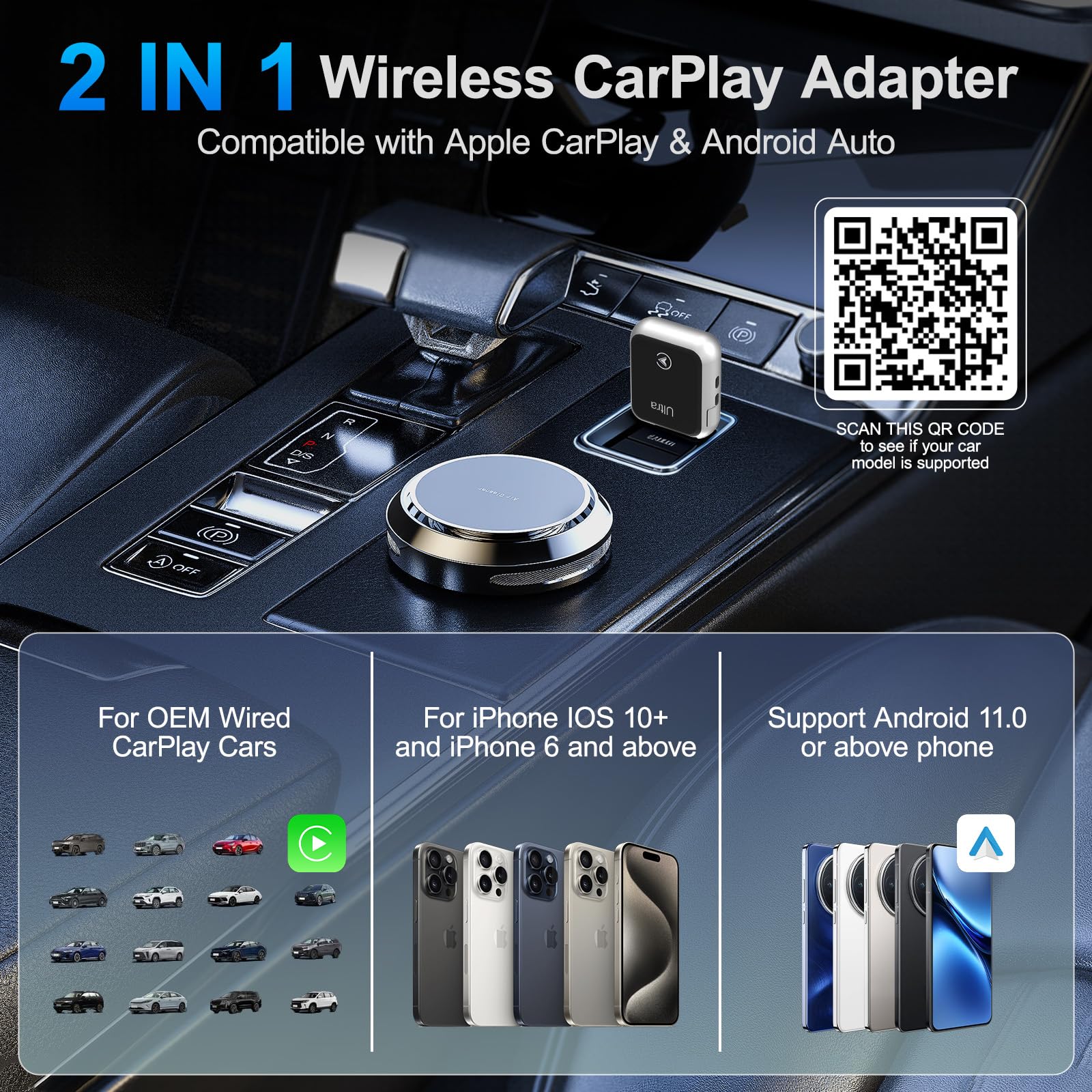Wireless CarPlay Adapter 2-in-1, 2025 Aufgerüstet Wired zu Wireless für CarPlay/Android Auto, Mini-Design mit USB & Type-C-Verlängerung, Kompatibel mit iPhone iOS 10+ & Fahrzeugen mit Wired CarPlay