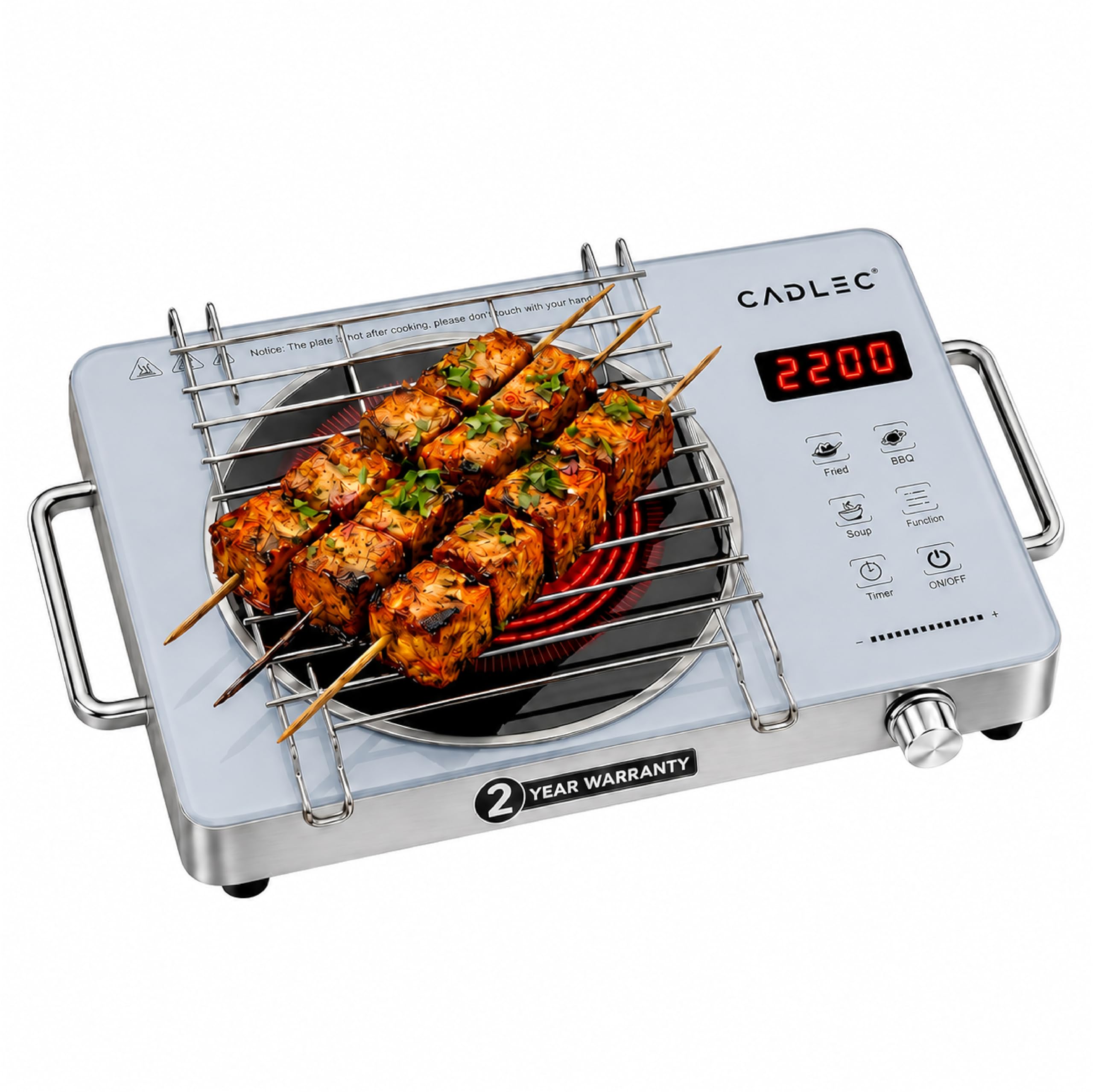 Cadlec HeatBlaze 2200W Infrared Cooktop Stove with Grill Rack for Barbecue, Crystal Glass Plate, Digital Display, Touch Control, Infrared Hot Plate (Silver)-image-2