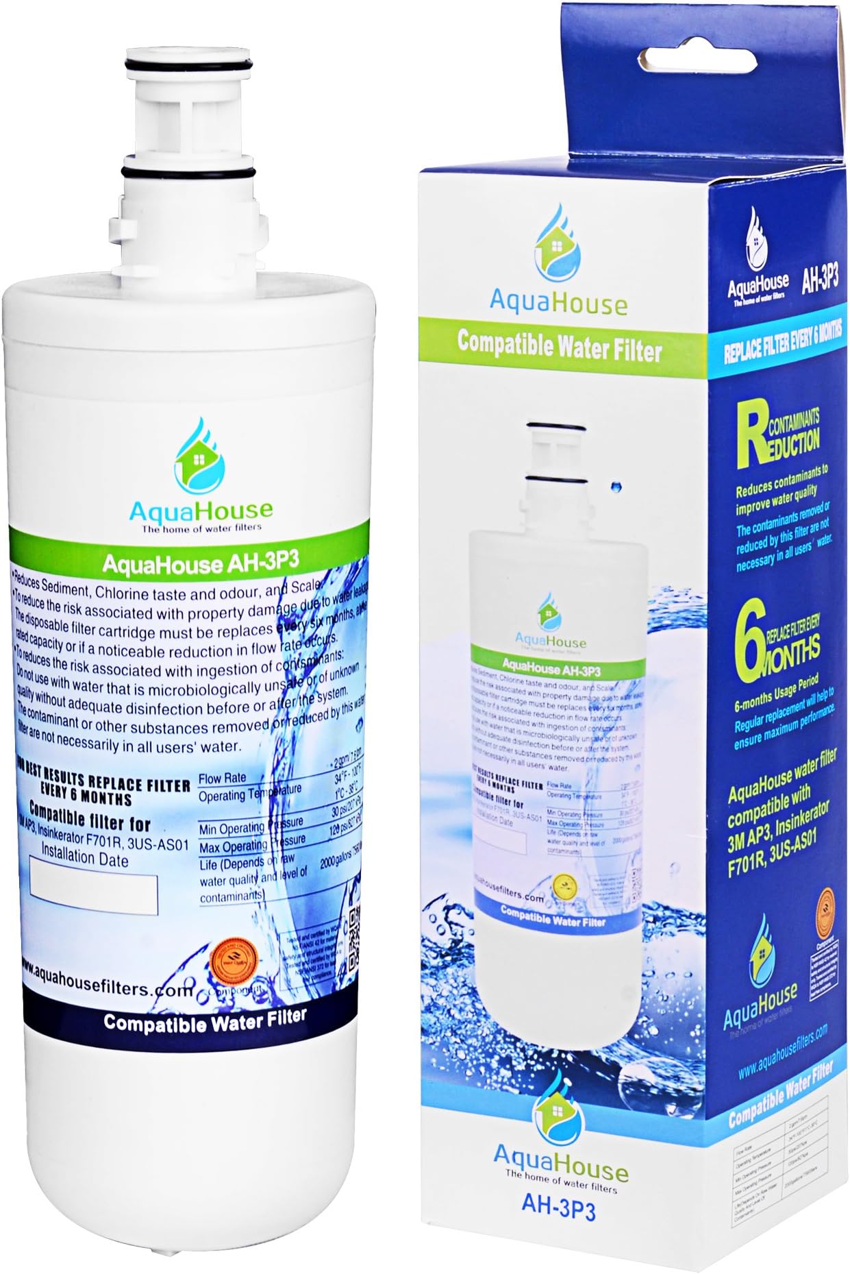 AquaHouse AH-3P3 Water Filter Compatible with InSinkErator Hot Water Tap F701R F-701, HC-1100, GN-1100, HC-3300, HC-3300, AP3-765S, AP3-765-S-E