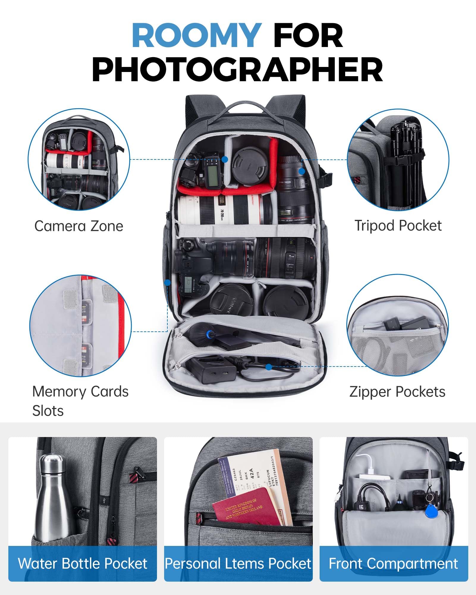 bagsmart Mochila de cámara ampliable DSLR SLR para fotógrafos, mochila de viaje para fotografía impermeable con compartimento para portátil de 15,6 pulgadas y soporte para trípode