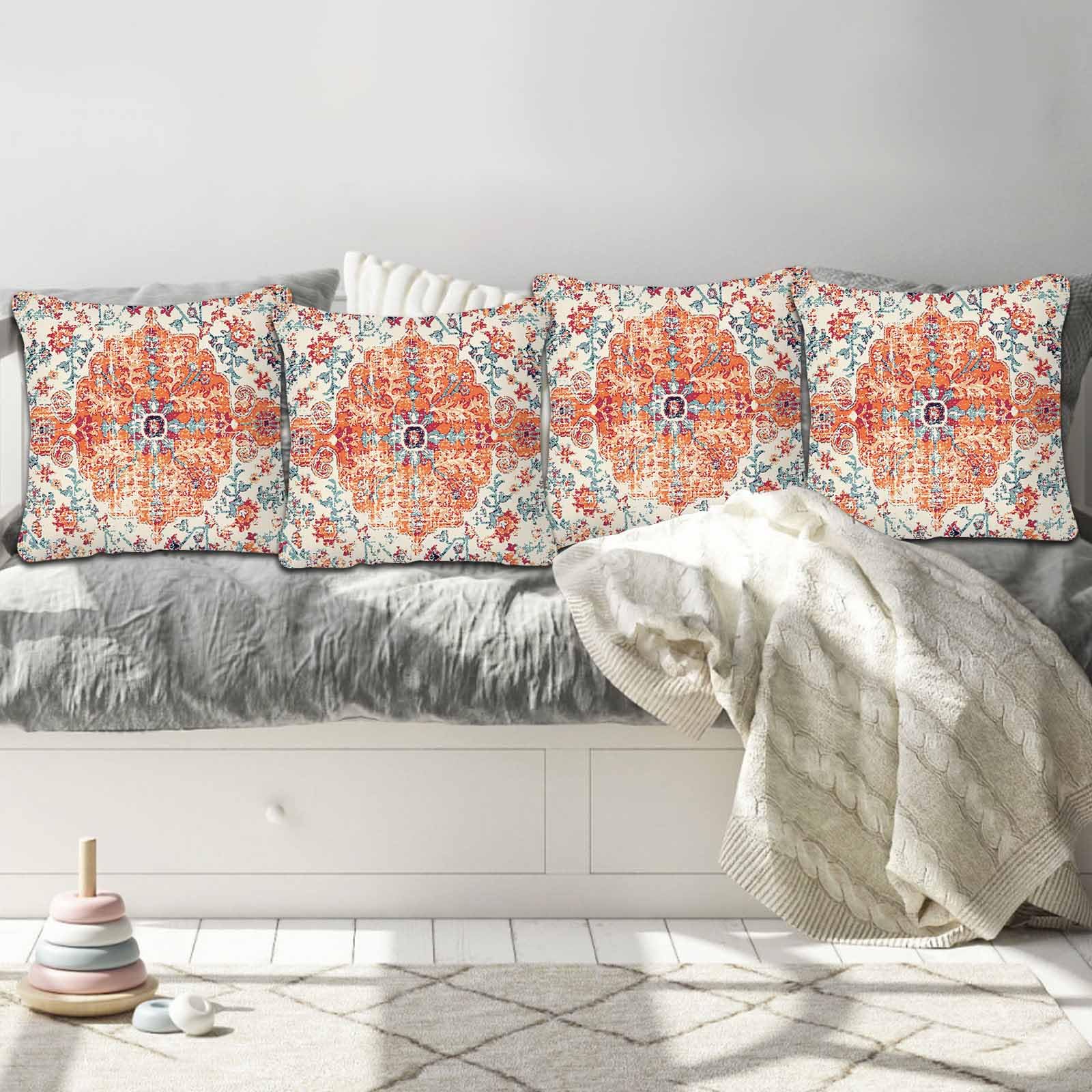 Betadistor Boho Cushion Covers 45cm x 45cm Set of 4 Pumpkin Red Print Decorative Throw Pillow Covers 18x18 inches Soft Square Cushion Cases for Living Room Sofa Couch Bed Pumpkin Red - Image 3