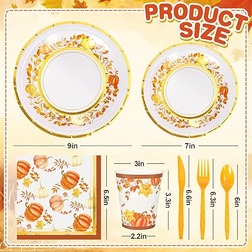 Miniatura 2 de Whaline Juego de vajilla desechable de 175 piezas de otoño para 25 invitados, platos de papel, tazas, cuchillo, tenedor, cuchara y servilletas,