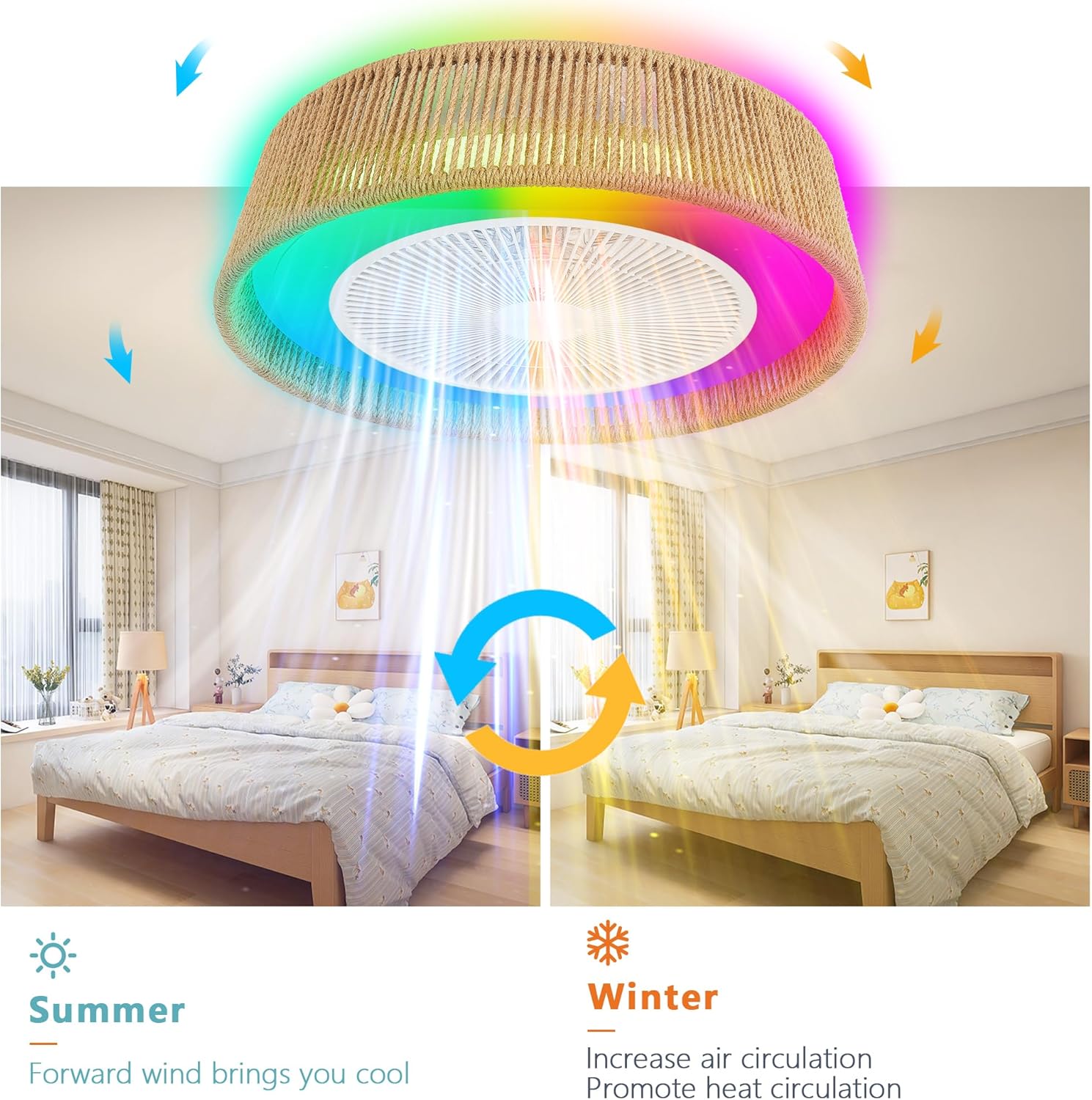 21" Modern Rustic Ceiling Fan Light with LED RGB Mood Lighting, Rope Woven Design, Quiet Fan, Semi Flush Mount for Bedroom, Living Room, or Dining Room ((Silent/6-Speed/Reversible/DC Motor))