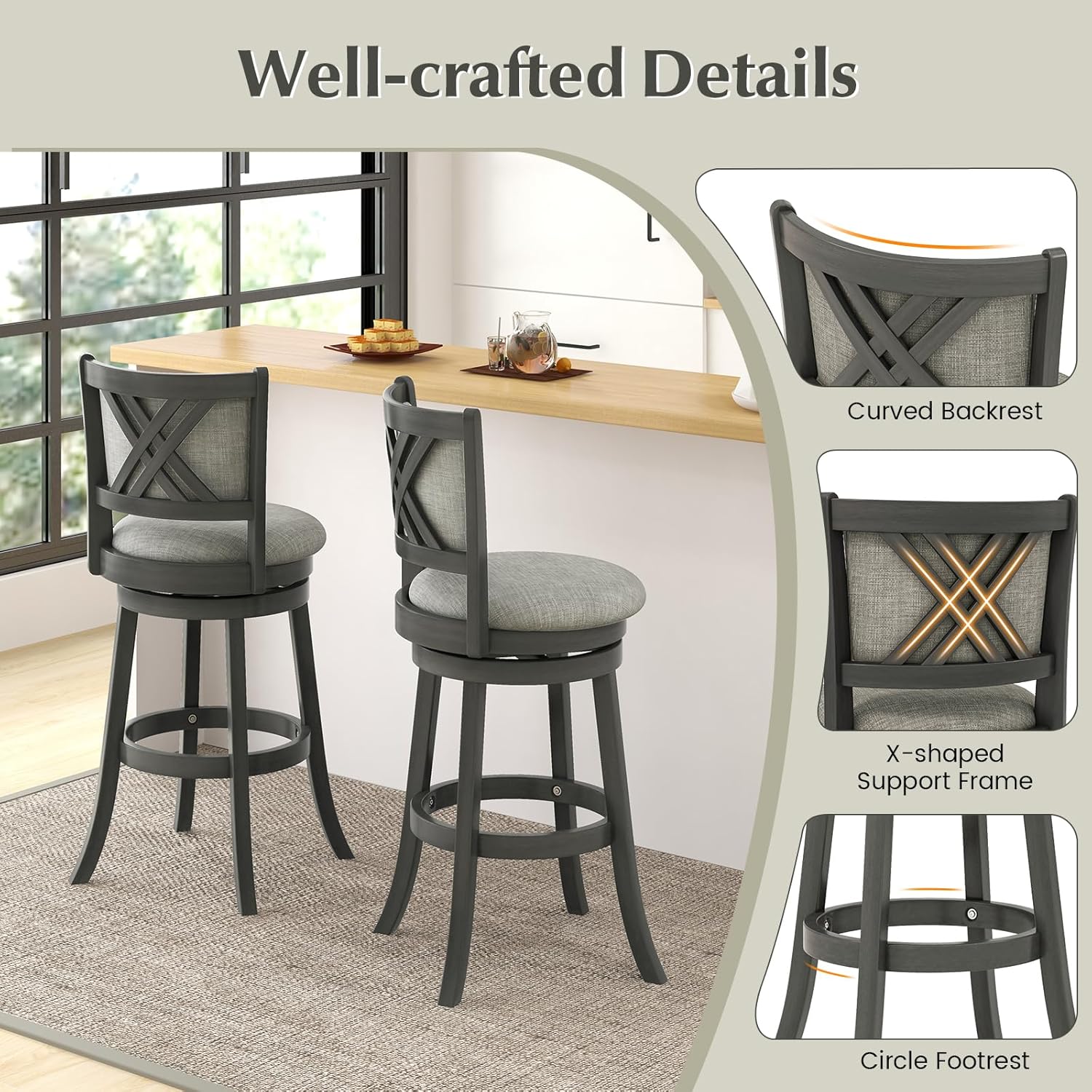 COSTWAY Bar Stools Set of 4, Bar Height Swivel Chairs with Soft-Padded Back & Seat, Linen Upholstered Pub Stools with Sturdy Wooden Frame for Kitchen Island, Café, Grey (4, 30.5‘’ Seat Height)