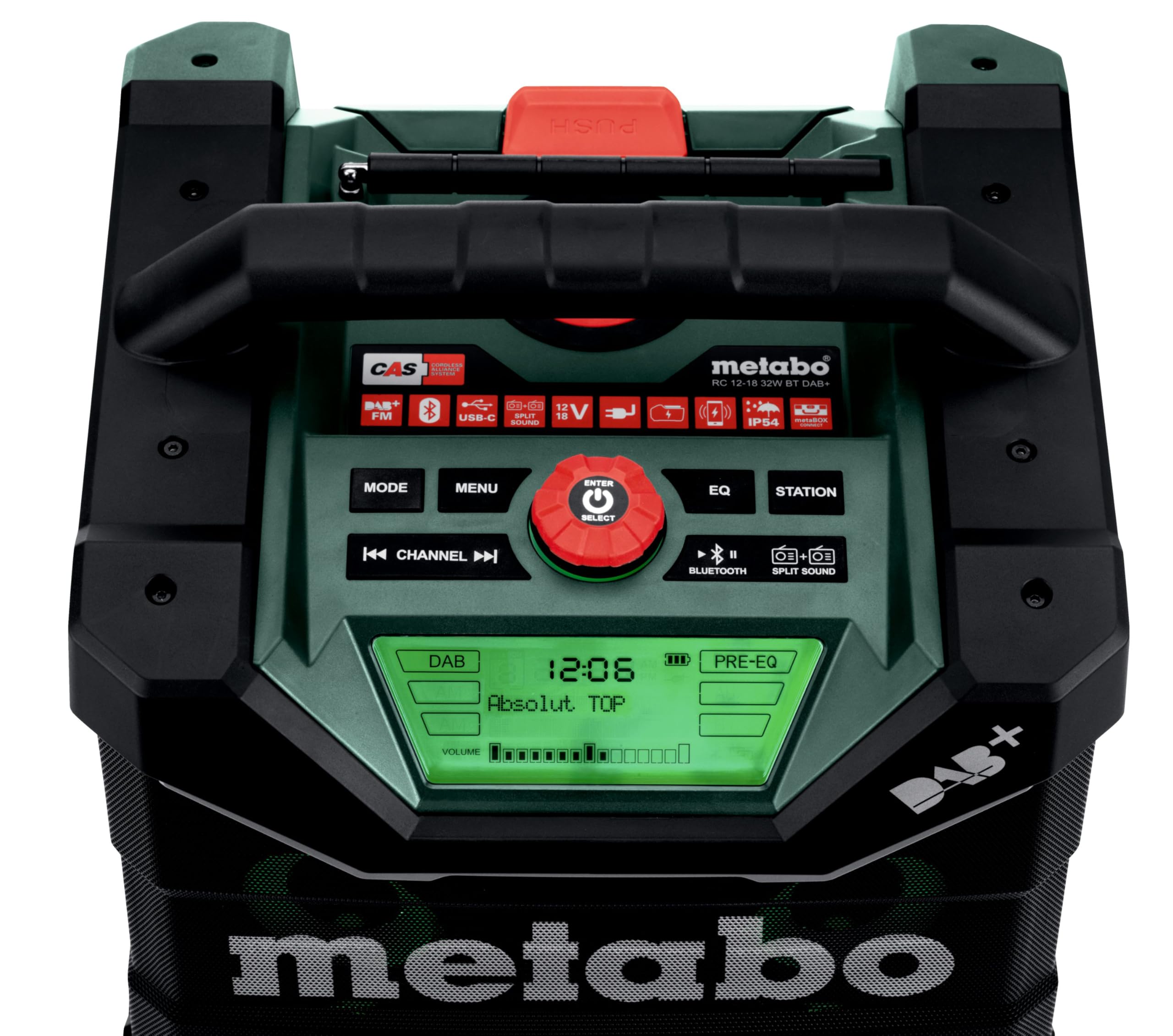 Metabo Radio de construcción con batería RC 12-18 32 W BT Dab+, 18 V, con Bluetooth y AUX, Clase de protección IP 54, Radio 600779850