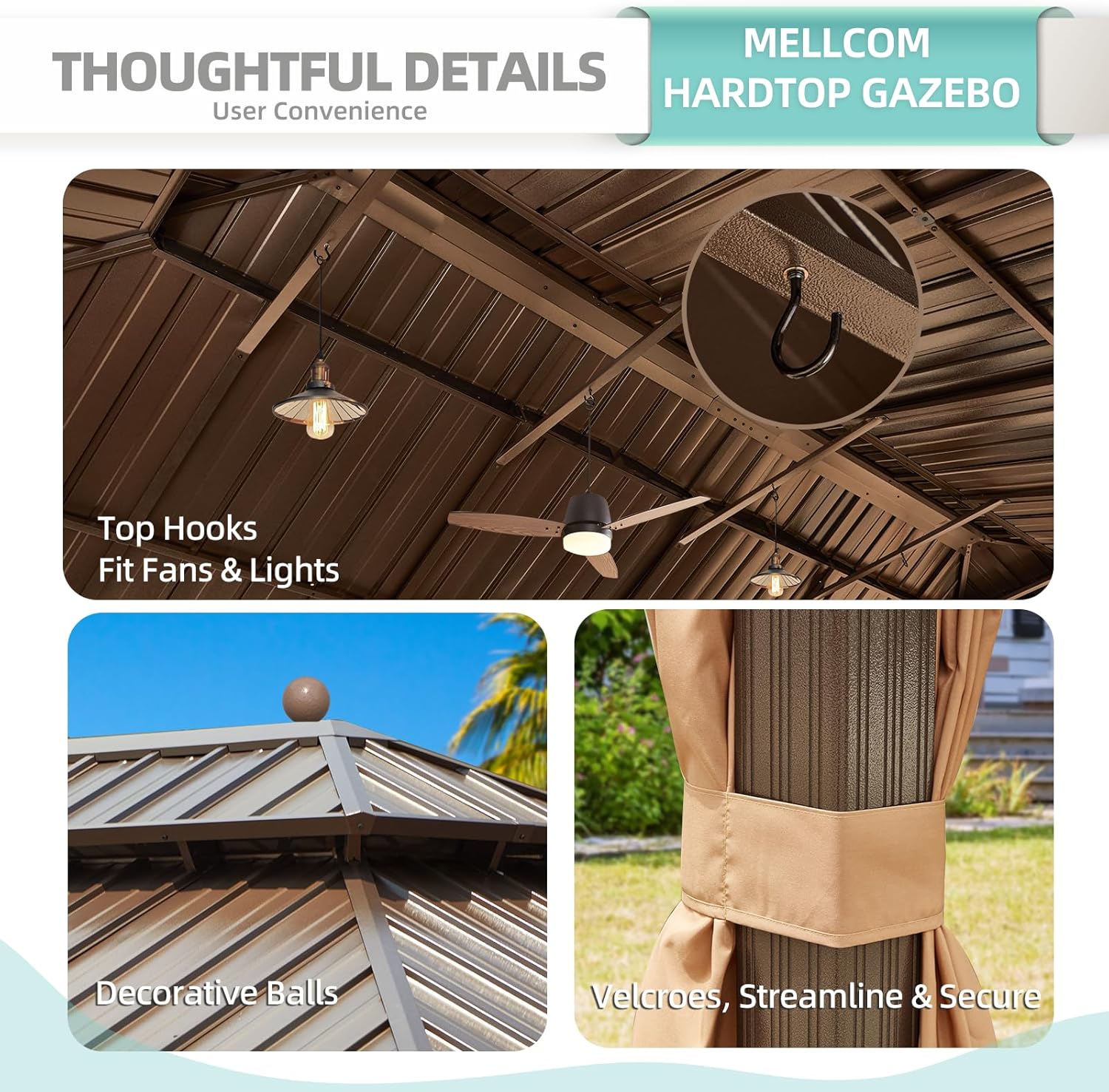 Close-up of top hooks, decorative balls, and velcroes for curtains