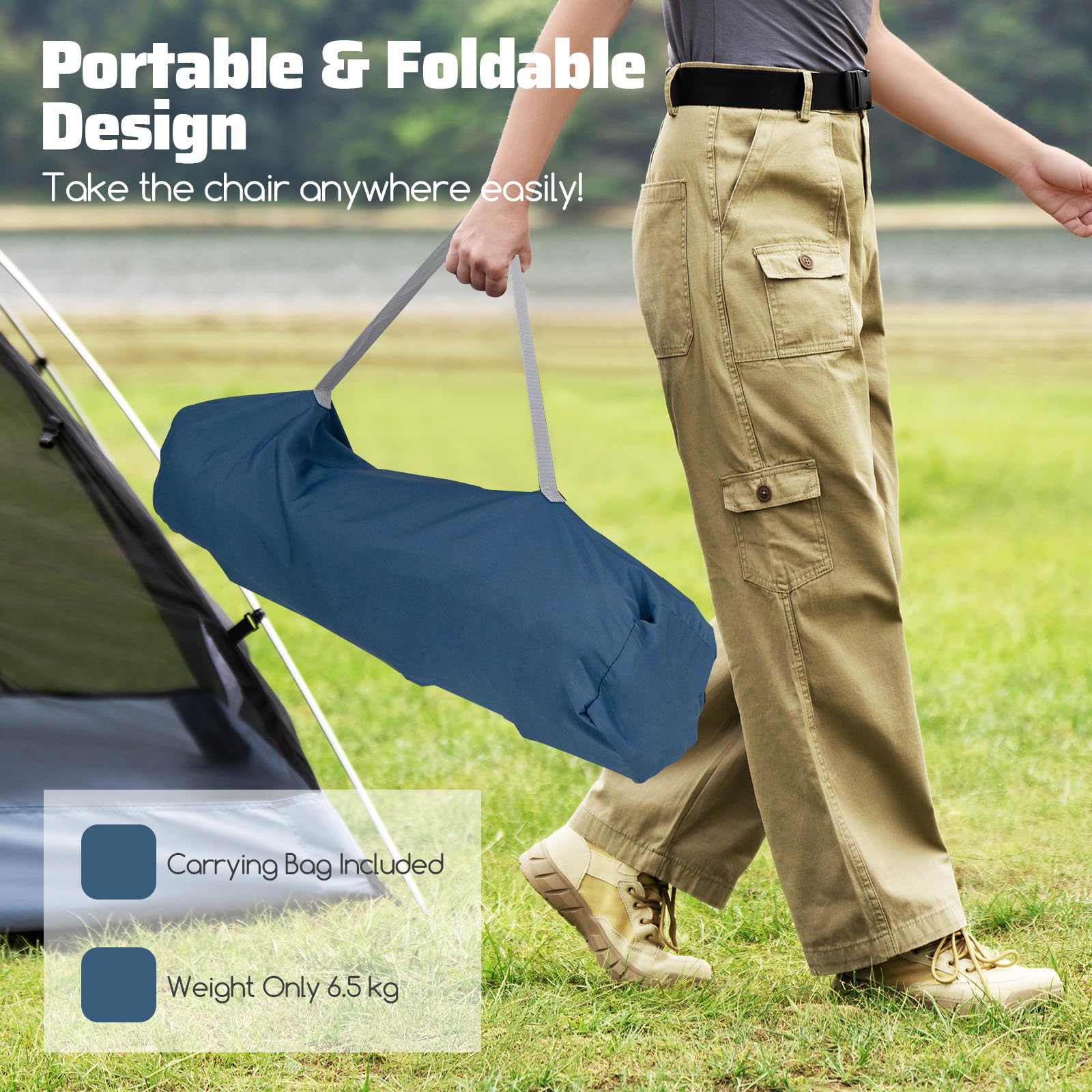 GOPLUS Chaise de Camping Hamac Portable, Chaise à Bascule Balancelle 90-150° avec Siège Rembourré et Appui-Tête, Dossier Réglable, Porte-Gobelet, Pliable pour Camping, 88 x 71 x 90 cm (Bleu)
