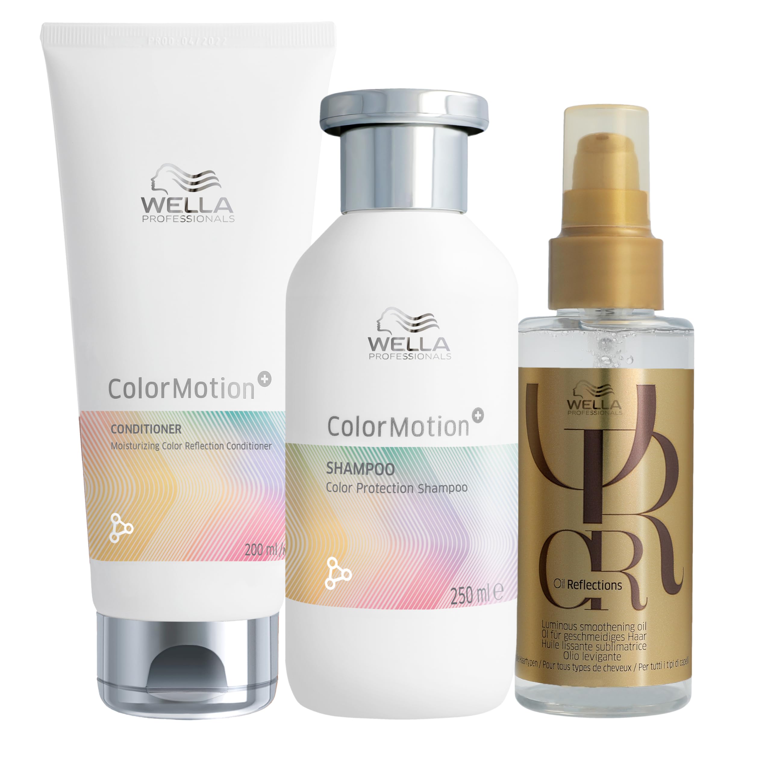 Wella Professionnals ColorMotion+ Shampoing protecteur de couleur, Après-shampoing et Huile Oil Reflections - pour cheveux colorés et abîmés - Jusqu'à 8 semaines de protection -250ml +200ml+100ml