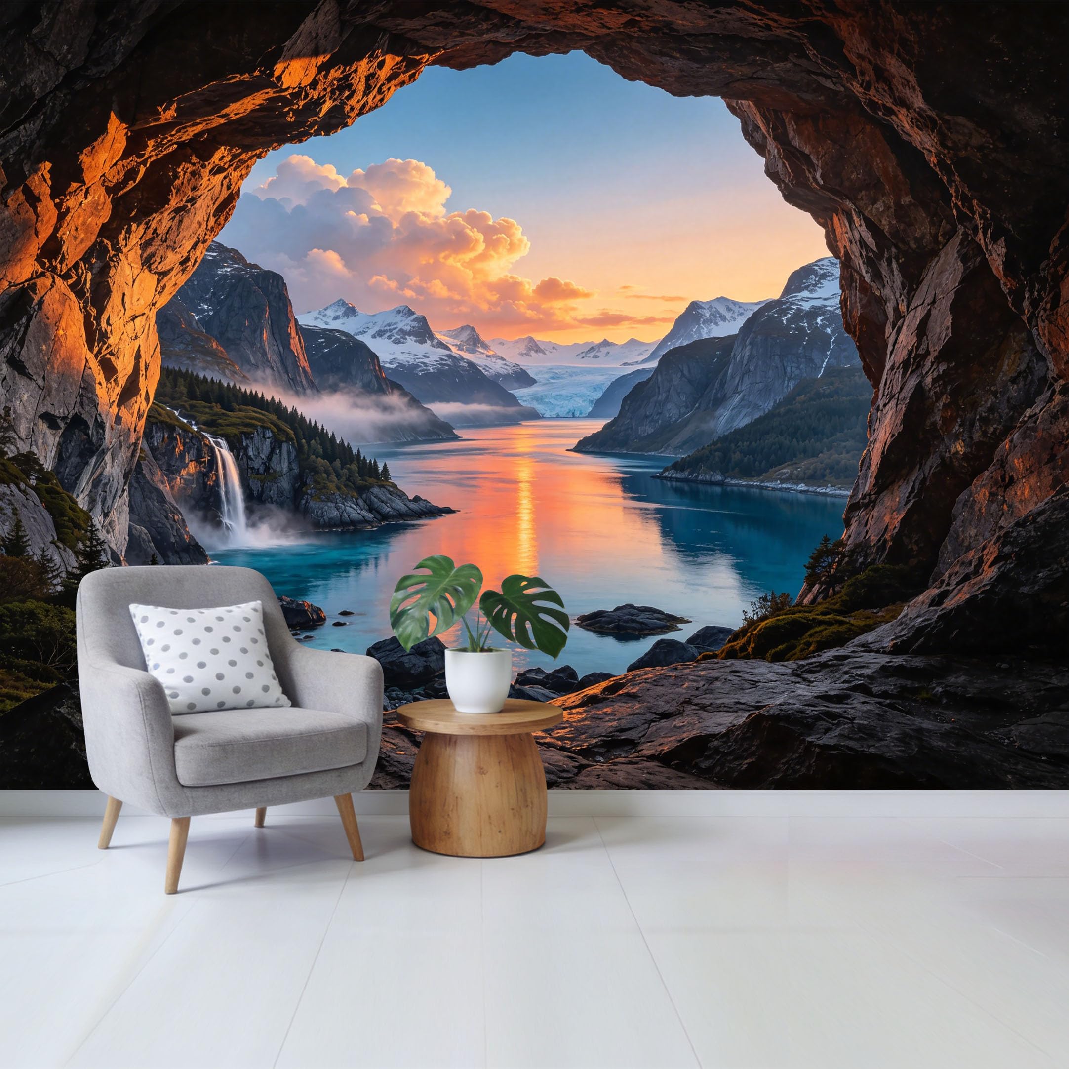 Custom Size Wall Mural Mountain Lake Waterfall Sunset Landscape Removable Self Adhesive Fabric，Home Wall Decor for Living Room Bedroom Bathroom 3D Scenery Mural Wallpaper