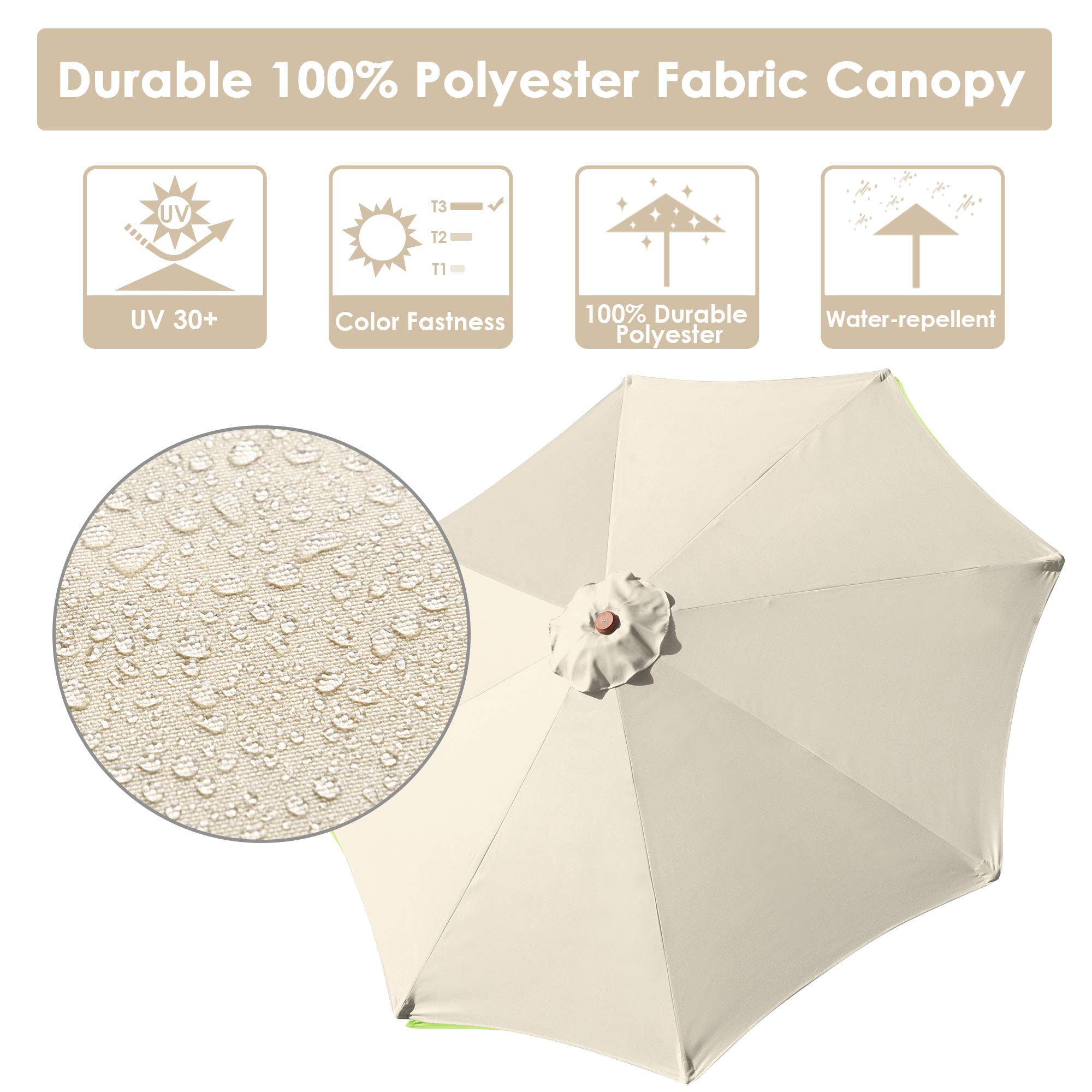 Polea de cuerda acanalada de 9 pies y 8 pies con inclinación de madera para exteriores, sombrilla de patio al aire libre, color beige, mesa de mercado para piscina, terraza, patio 4