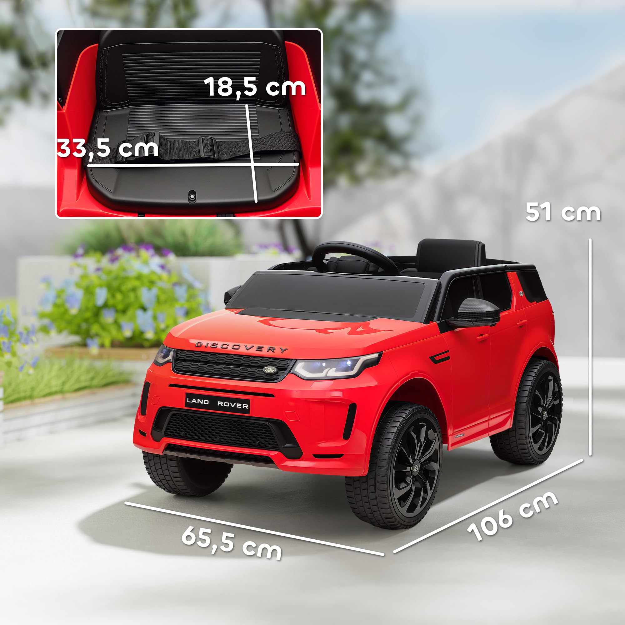 AIYAPLAY Land Rover Discovery Sport samochodzik 12V, 3-6 lat, czerwony | Elektryczny samochodzik, pilot 2,4G, muzyka, klakson, diody LED, USB/MP3, 3-5 km/h