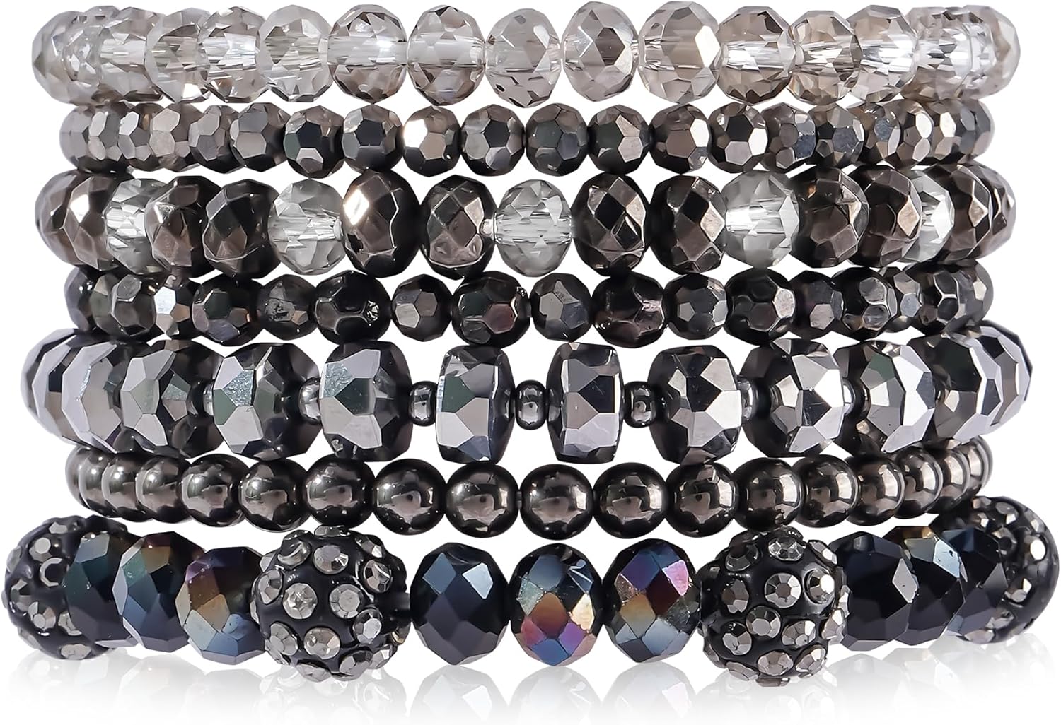 Clay Beaded Bracelets, White Pink Preppy Bracelets Gray Preppy Bracelet Black Bracelets Boho Multi-Layer Beaded Crystal Bracelets, Bohemian Stackable Bead Bracelet Set Jewelry for Women