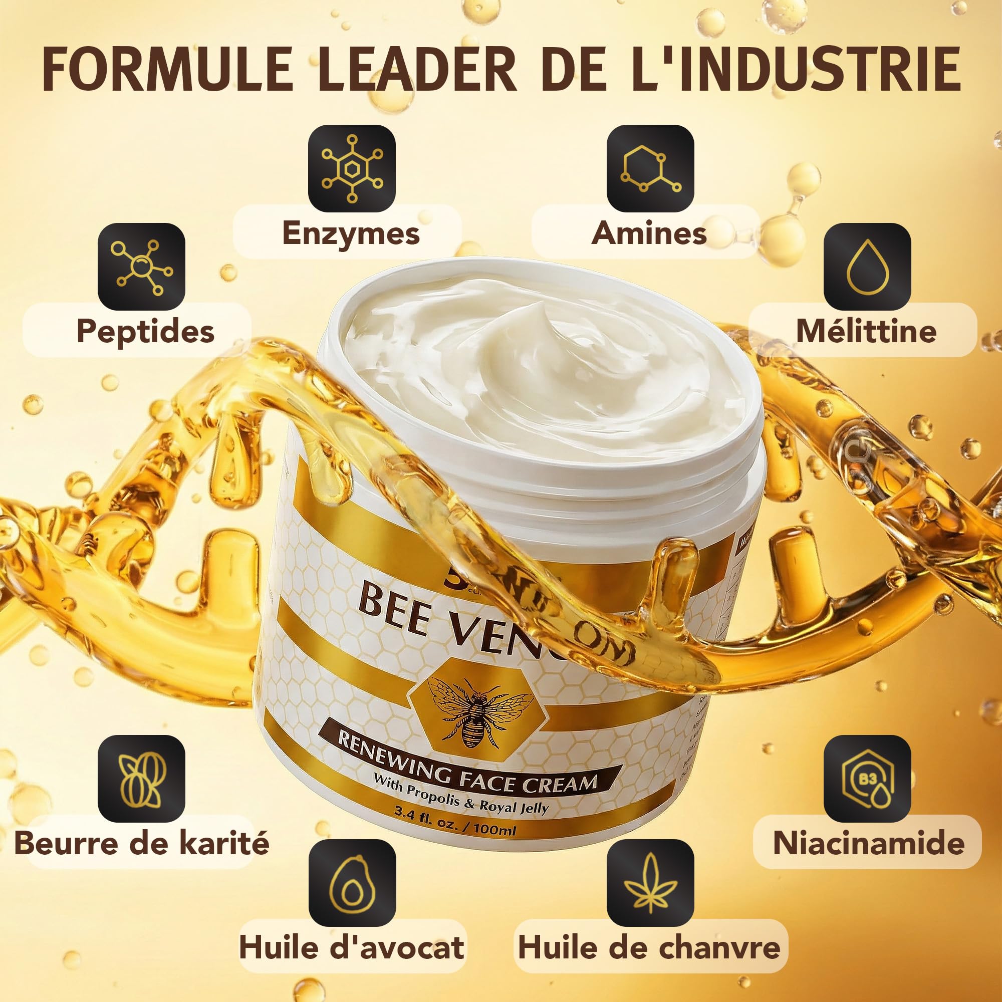 Crème Visage Régénérante au Venin d’Abeille 5Kind avec Propolis & Gelée Royale 100 ml - Crème Anti-Âge au Venin d’Abeille pour Femmes & Hommes - Crème au Venin d’Abeille contre les Rides