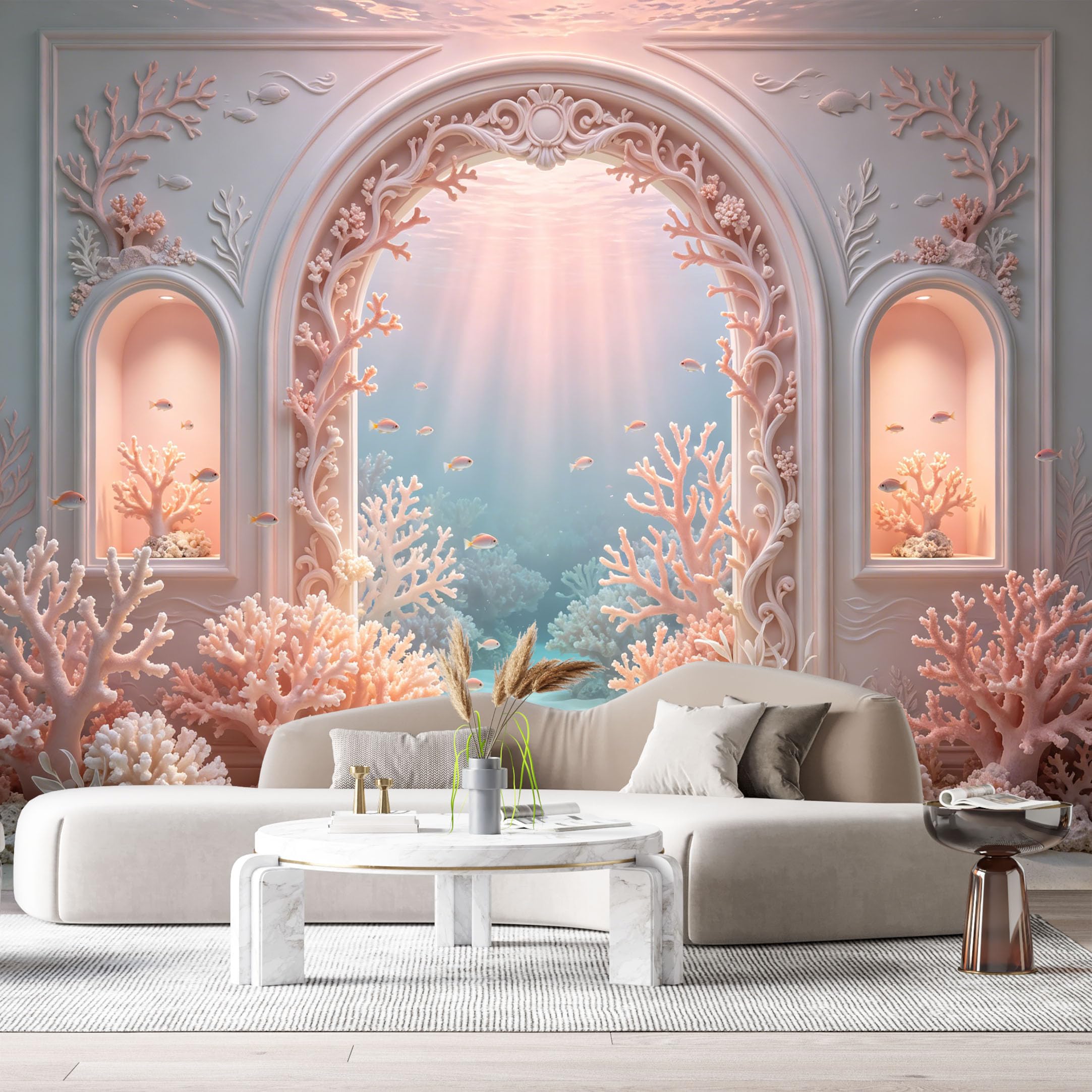 Custom Size Wall Murals Ocean Marine Fantasy Coral Grotto 3D Trompe L'Oeil SelfAdhesiveWall Fabric Removable Wallpaper Wall Decor for Living Room Bedroom Bathroom