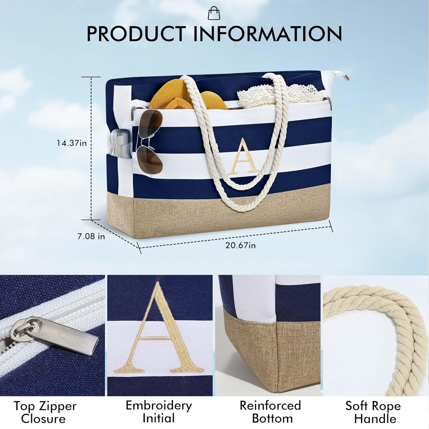 YOOLIFE Large Initial Beach Bag Waterproof Tote Zipper Bag Personalized Gifts for Women Her Birthday Travel Beach Essential - Image 3