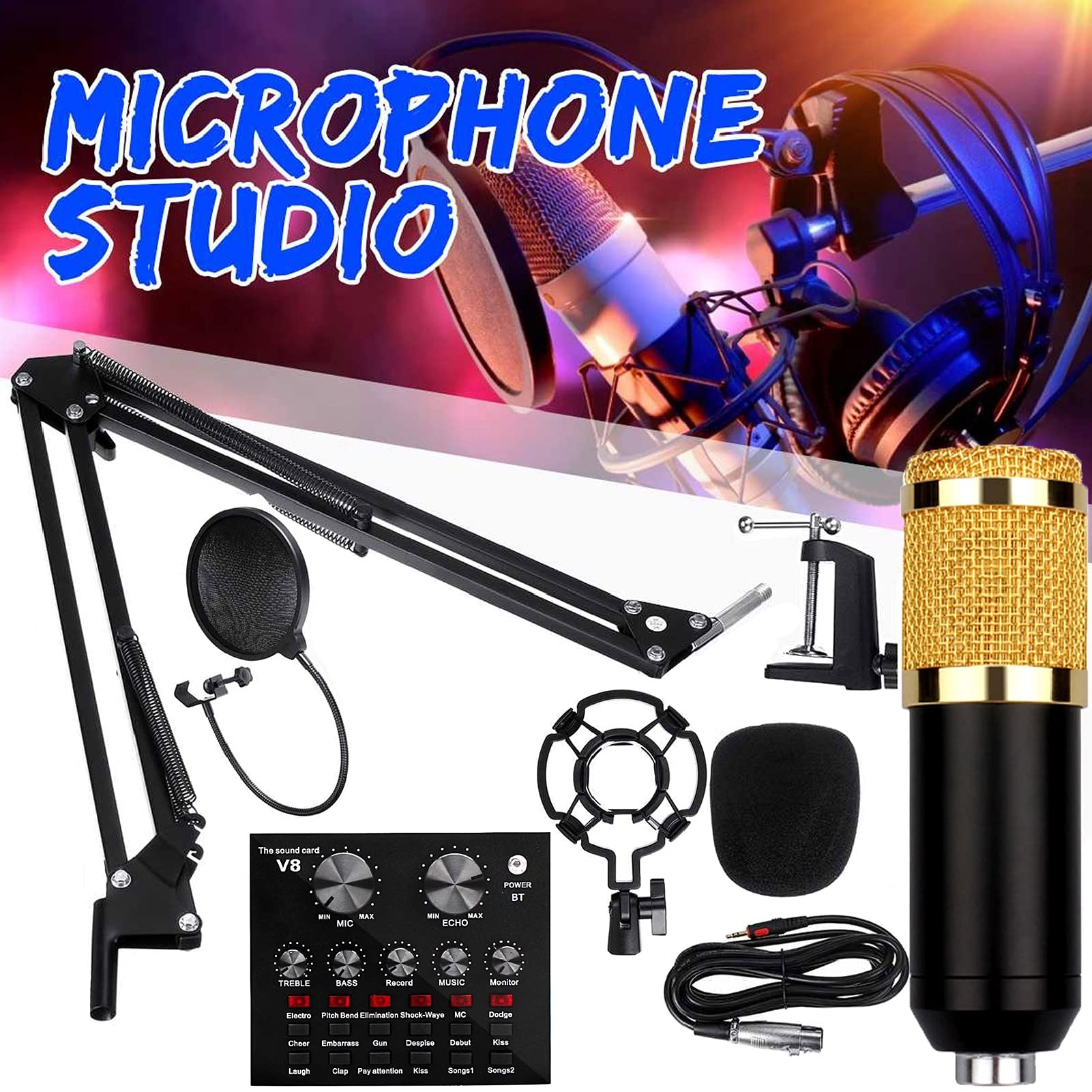 Carte Son multifonctionnelle en Direct, Ensemble de Microphones pour Carte Son, Ensemble de Microphones en métal de Diffusion, Support réglable, 12 Effets sonores de Fond