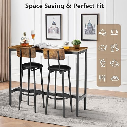 Miniatura 9 de Noskatu Juego de mesa y silla de bar para 2 mesas y taburetes industriales de altura de mostrador con cojín de poliuretano y respaldo, mesa de