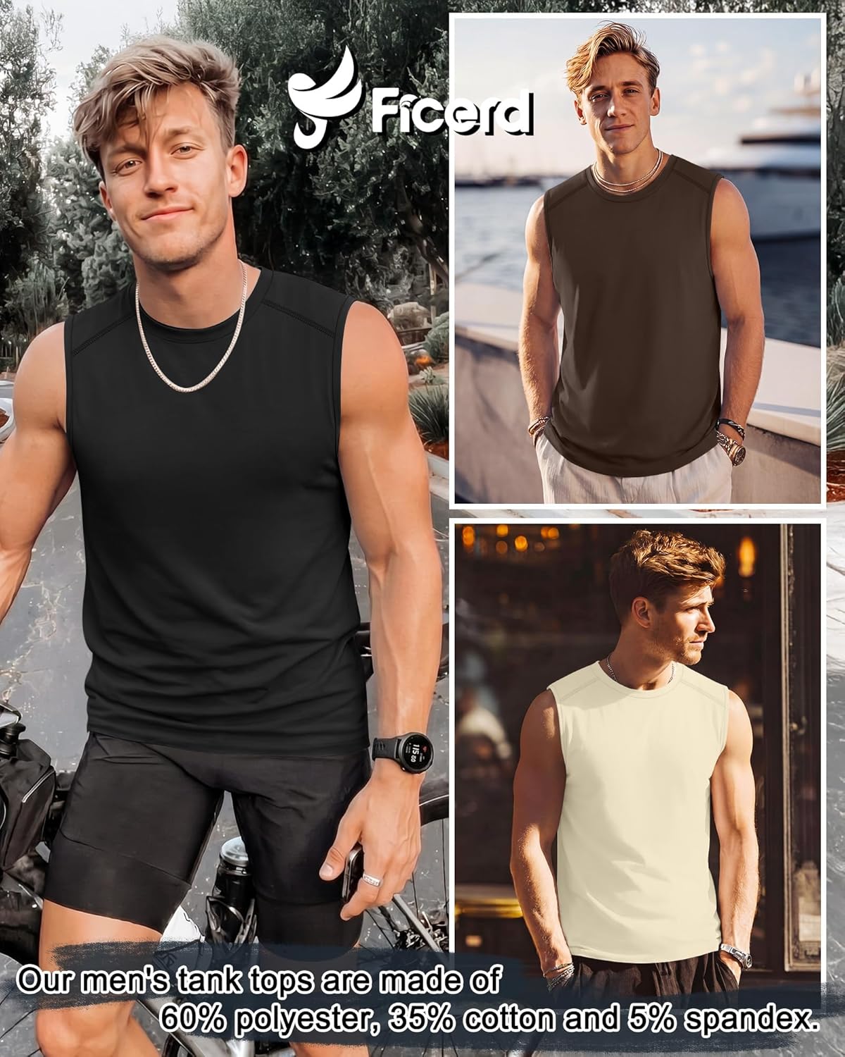 Ficerd 3 Pack Men's Sleeveless Tank Tops, Crewneck Casual Summer Tee Beach T Shirt Workout Run Gym Muscle Shirt