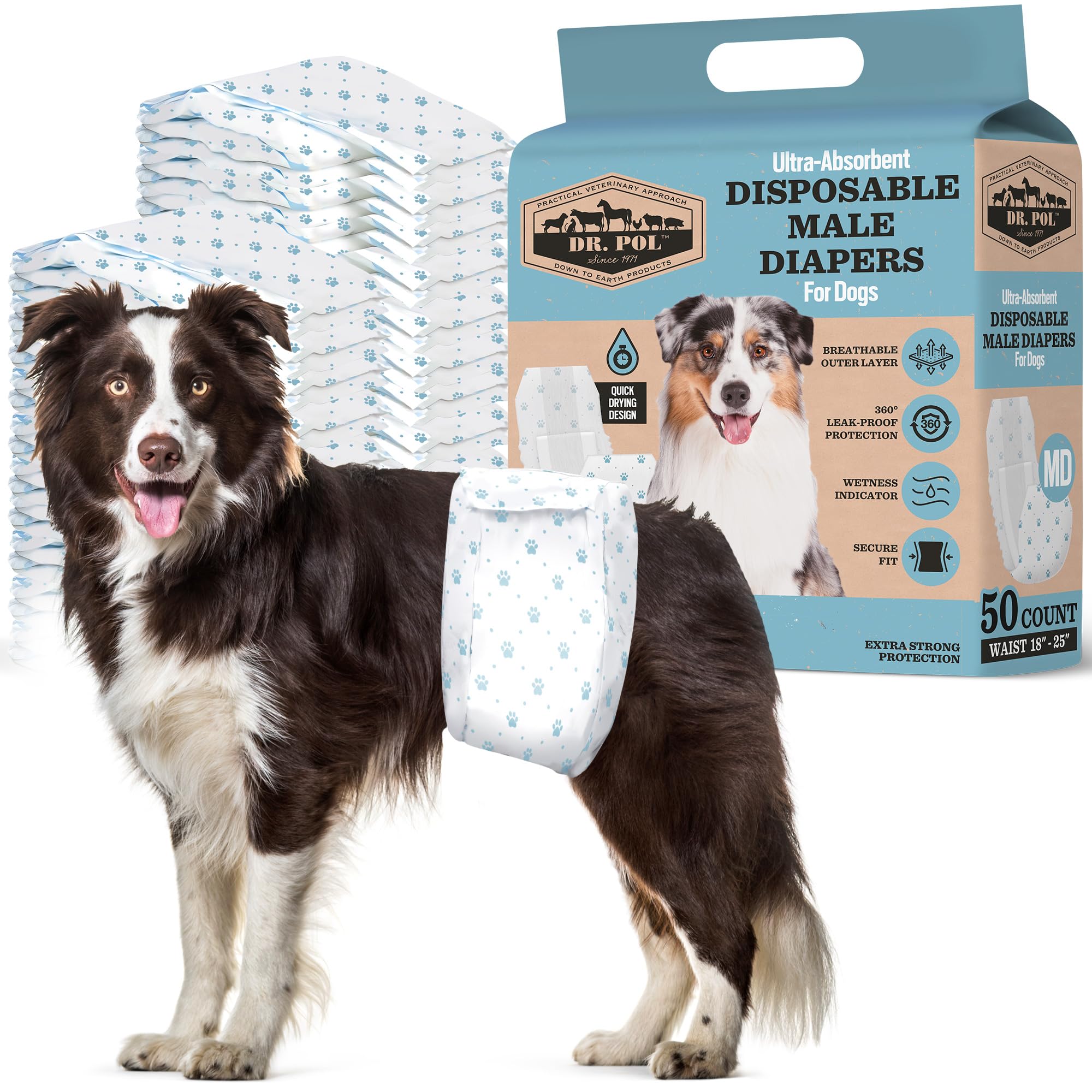 Dr. Pol Male Dog Diapers – Super Absorbent, Breathable, Leak-Proof with Wetness Indicator, Medium, 50 Count
