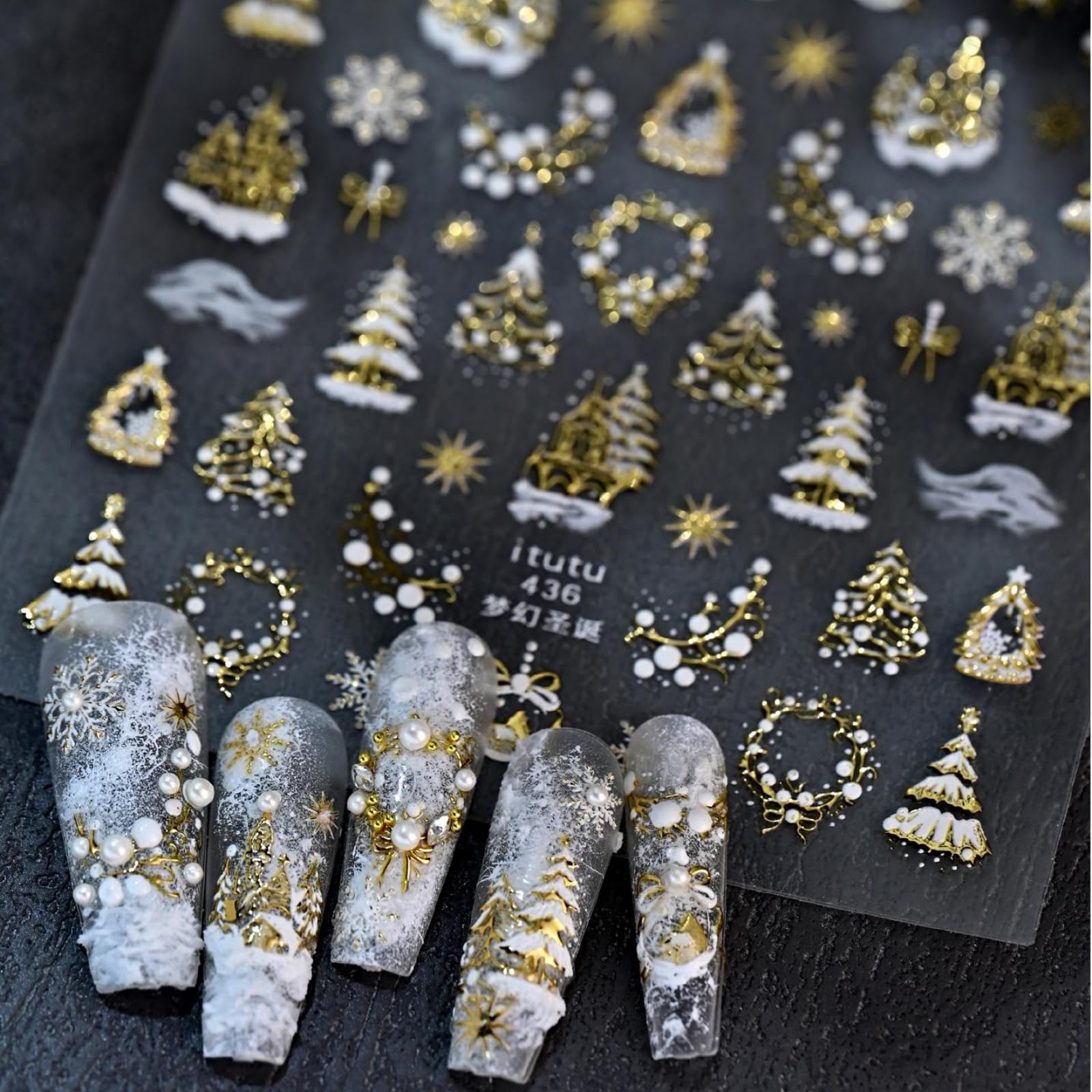 Christmas Nail Art Stickers Xmas Tree Nail Decals Gold Nail Stickers for Nails Art Garland Snowflakes Nails Decals 5D Embossed Self Adhesive Nails Sticker for Women Manicure DIY Decoration Accessories