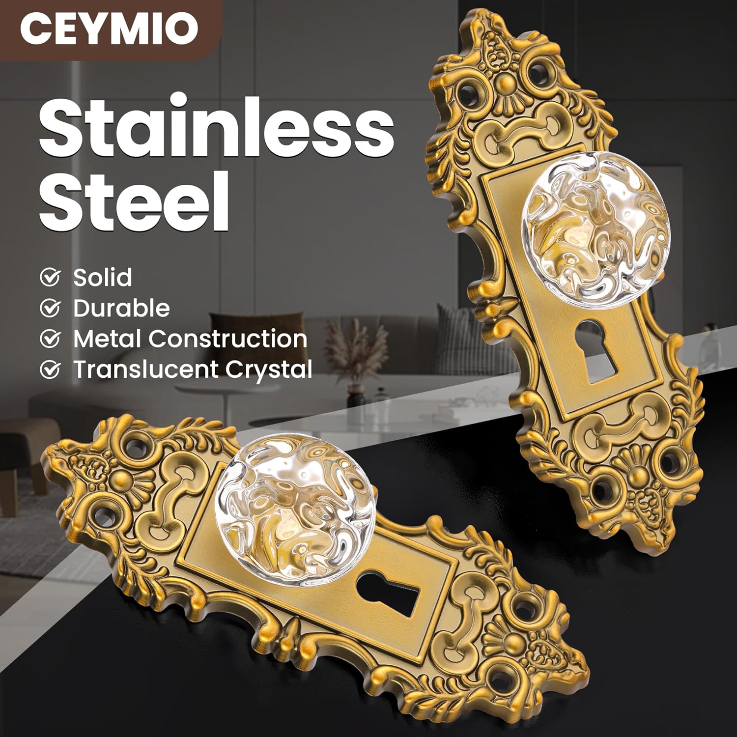 5.5 Inch Height Vintage Dummy Door Knob Interior Crystal Glass Door Knobs 4 Drawer Dresser Handles Antique Brass Cabinet Knobs Keyless Decorative Hallway Closet Door Pulls