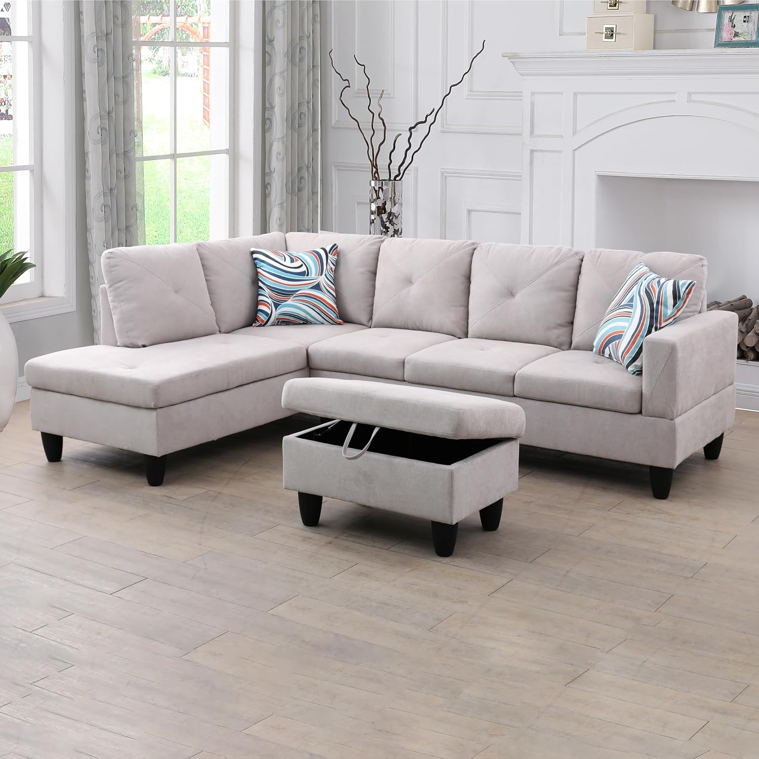 NicBex 3 Piece Set Modular Sectional Sofa,Flannelette Sectional Couch with Sofa,Chaise and Ottoman,Upholstered Convertible Sectional Couch with Comfortable Wide Seats and Cushions for Living Room,Grey