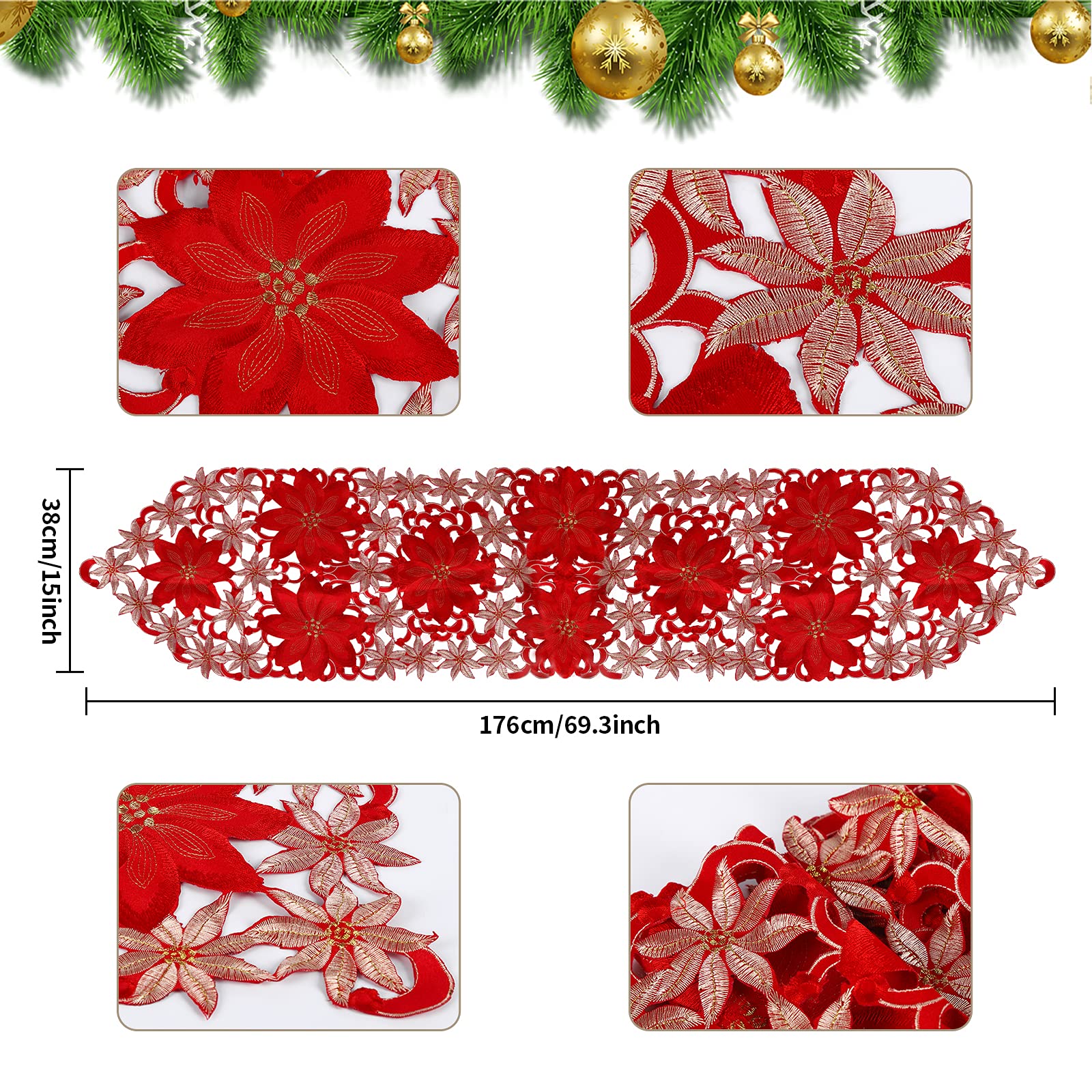Runner Natalizio Floreale 33x183 Cm – Stella Di Natale Rossa E Oro Glitter, Poliestere Effetto Lino, Per Tavola E Cucina