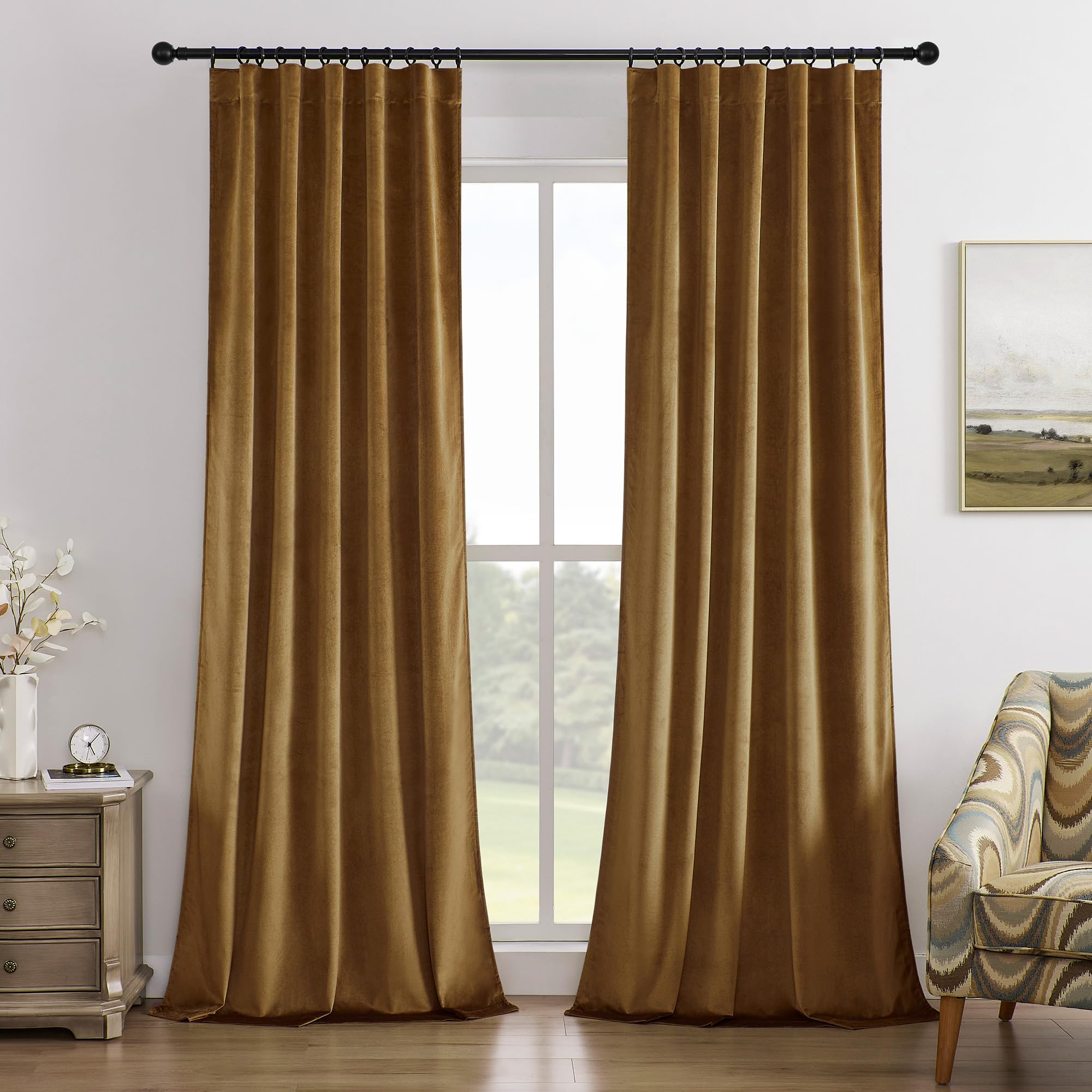 Timeper Gold Brown Pleat Back Tab Velvet Curtains W42 x L96 inches 2 Panels, Room Darkening Solid Home Decor Curtains for Bedroom Living Dining Room Thermal Insulated Luxury Super Soft Window Drapes