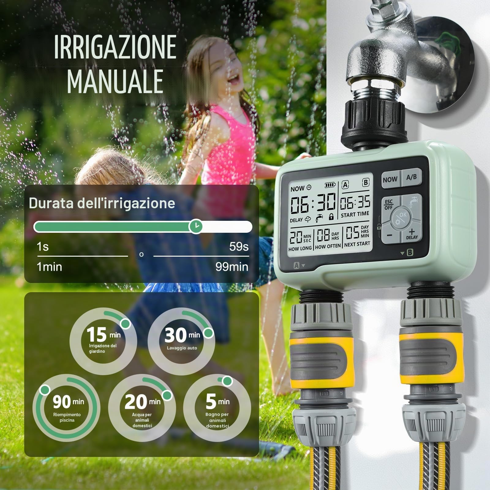 SOGUYI Timer Irrigazione,Computer Irrigazione con Ritardo Pioggia, Programmatore Irrigazione a Batteria,Modalità di Irrigazione Automatica e Manuale, 2 Uscite Centralina Irrigazione