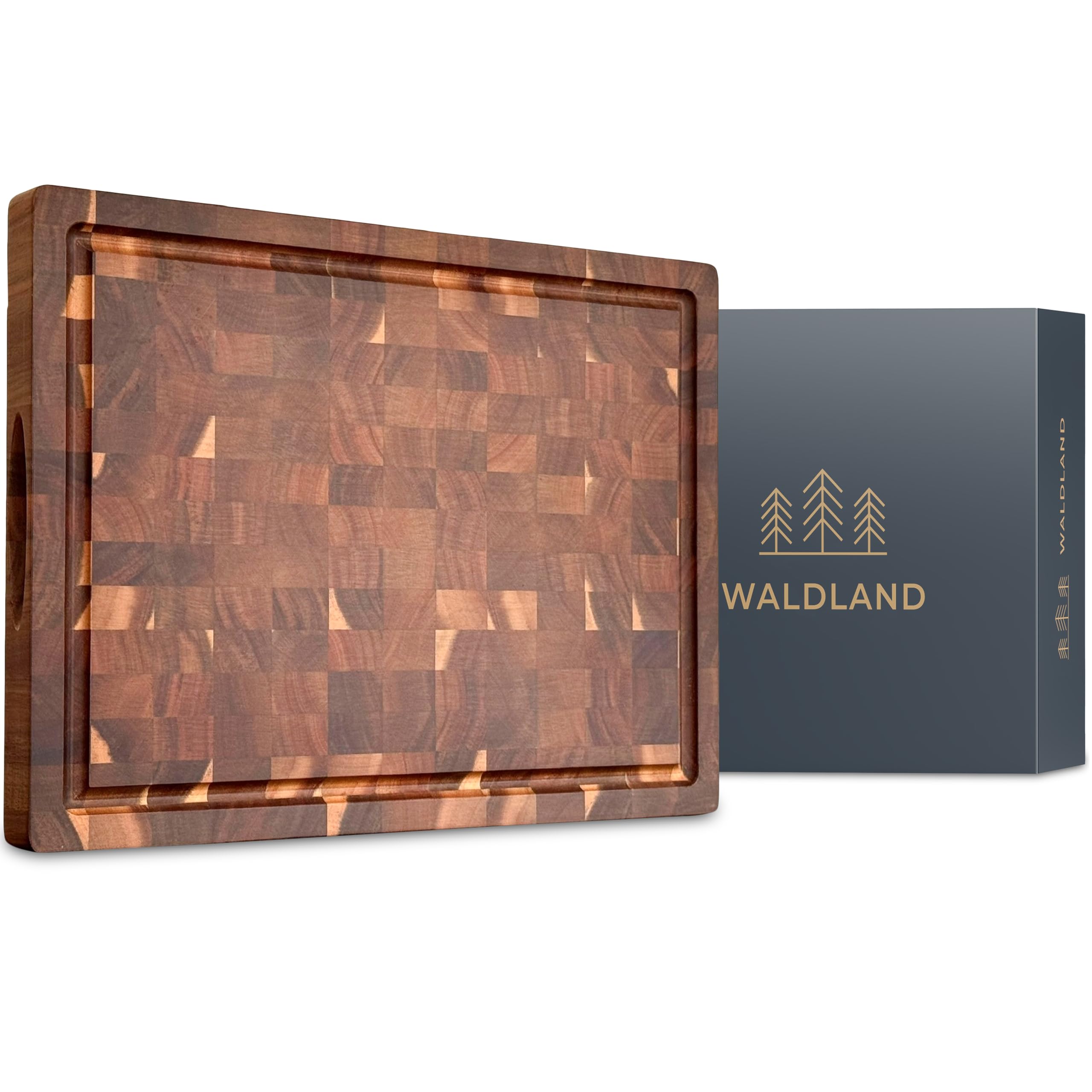 WALDLAND Planche à découper Premium en bois de grande taille 40 x 30 x 3 cm I en bois d'acacia robuste I planche à découper en bois pour la cuisine I planche à découper épaisse avec rainure à jus I