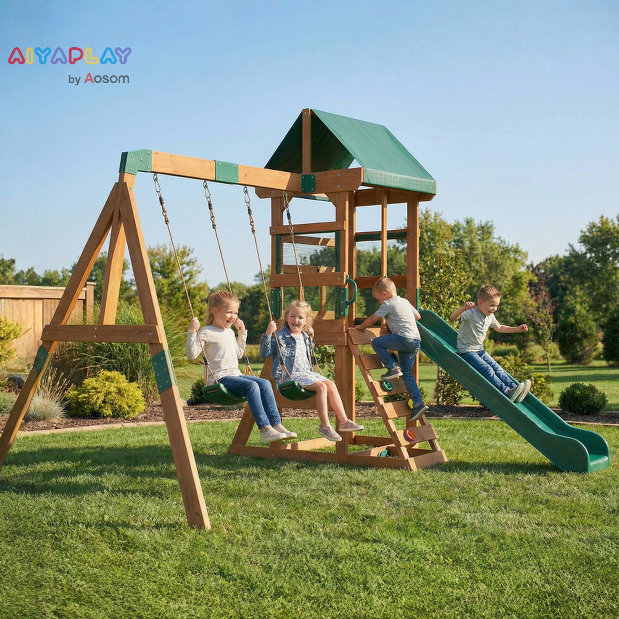 AIYAPLAY Aire de Jeux portique en Bois 2 balançoires Toboggan 3-8 Ans | Mur d'Escalade et Terrasse Couverte, Tour d'escalade pour enfants