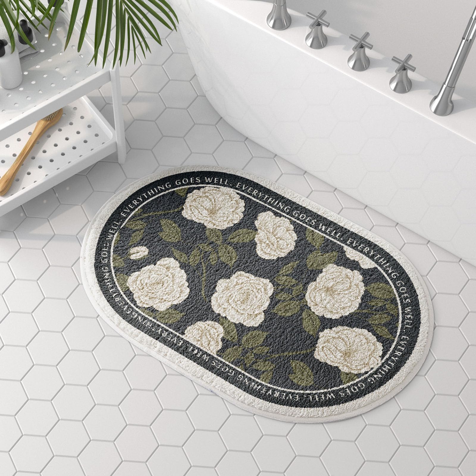 vctops Oval Bathroom Rugs Floral Print Soft Absorbent Microfiber Bath Rugs Non Slip Quick Dry Bath Mats for Bathroom Floor, Tub and Shower, Home Decor
