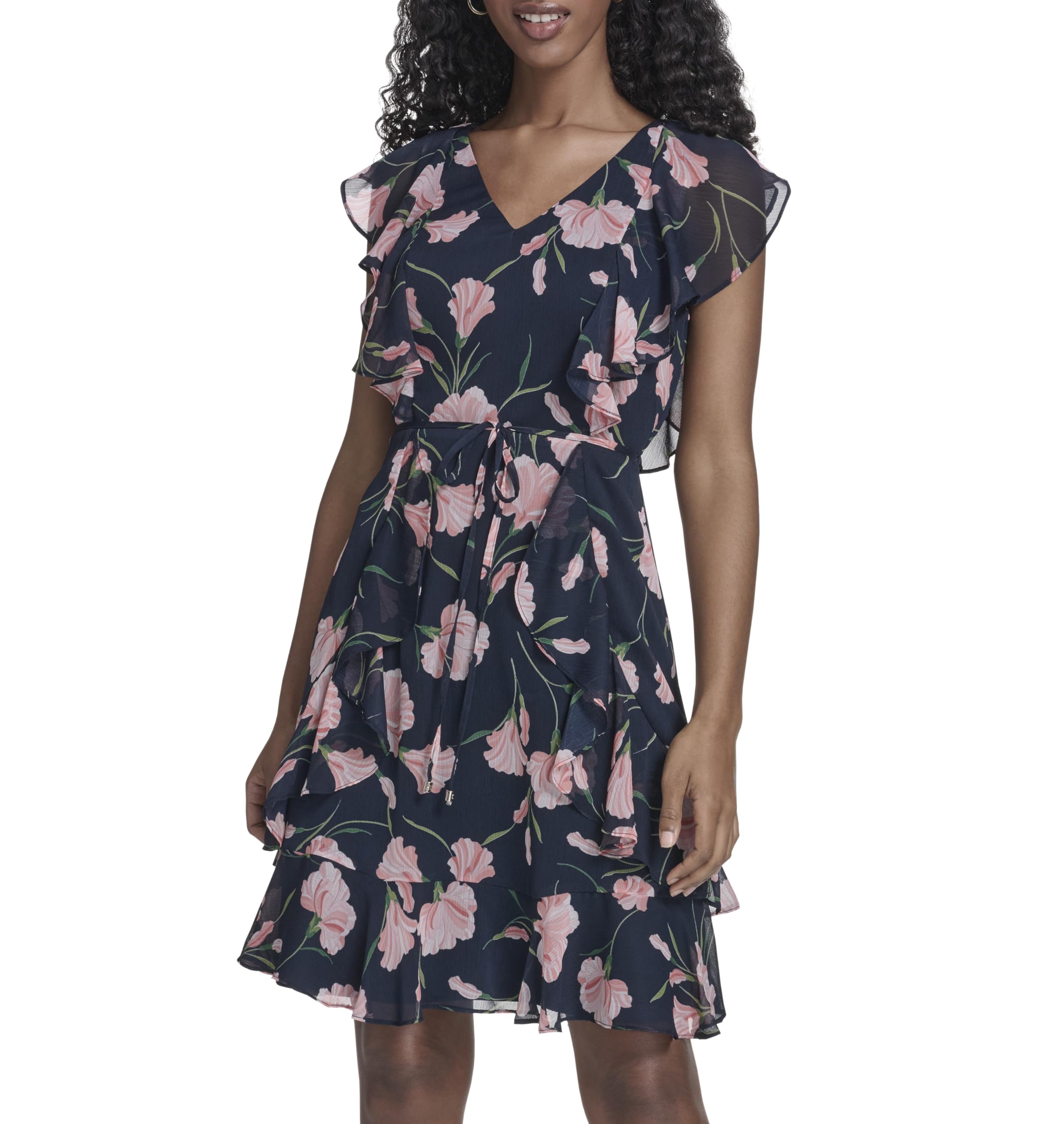 Tommy Hilfiger Women's Sleeveless V-Neck Ruffle Trim Tie Waist Chiffon Mini Dress