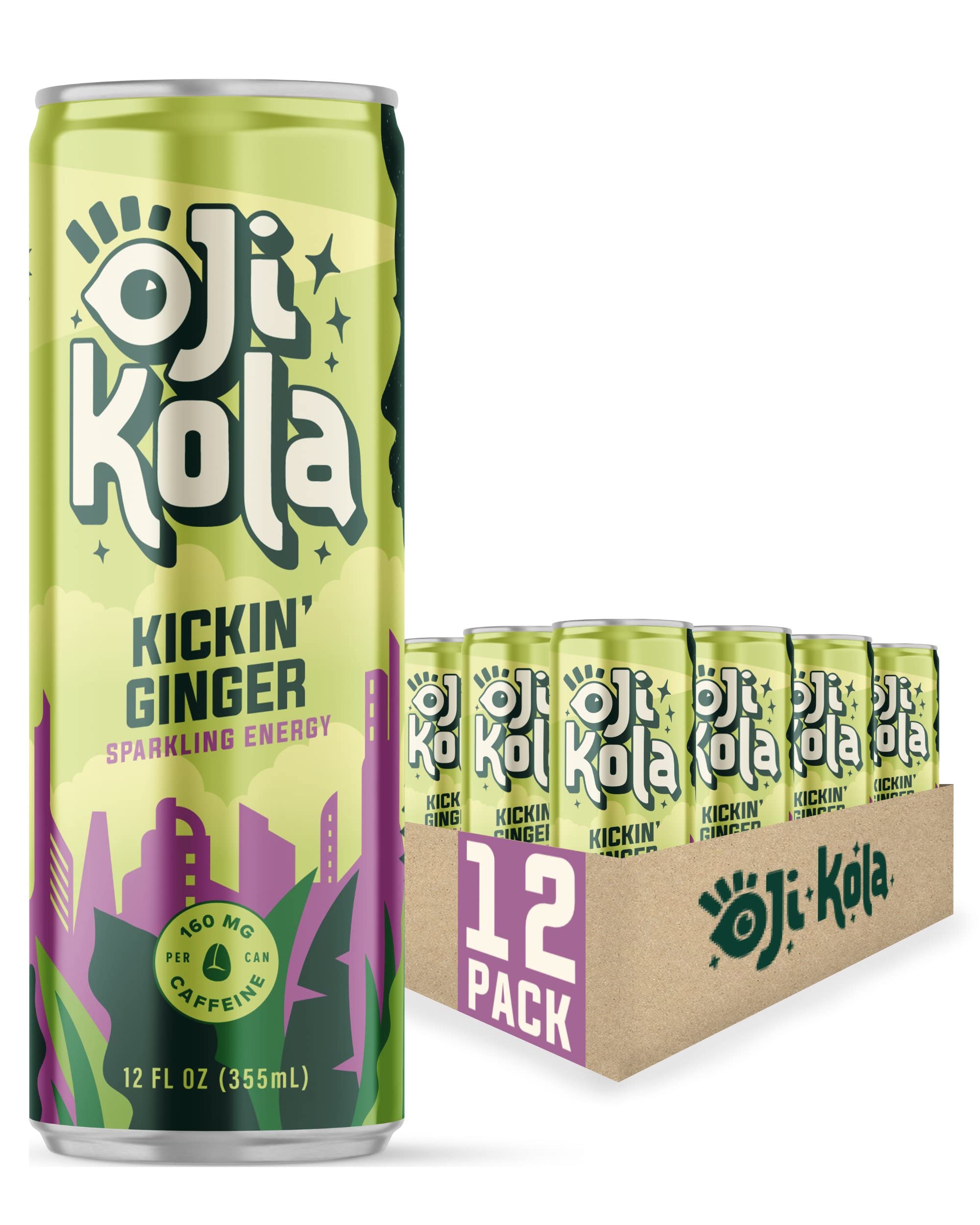 Oji Kola, Kickin' Ginger, Natural Sparkling Alternative to Soda, Tea, and Energy Drinks, 12 Ounce Cans (Pack of 12), Reduced Calorie with 50 Calories Per Can, 160mg Caffeine (Kickin' Ginger)