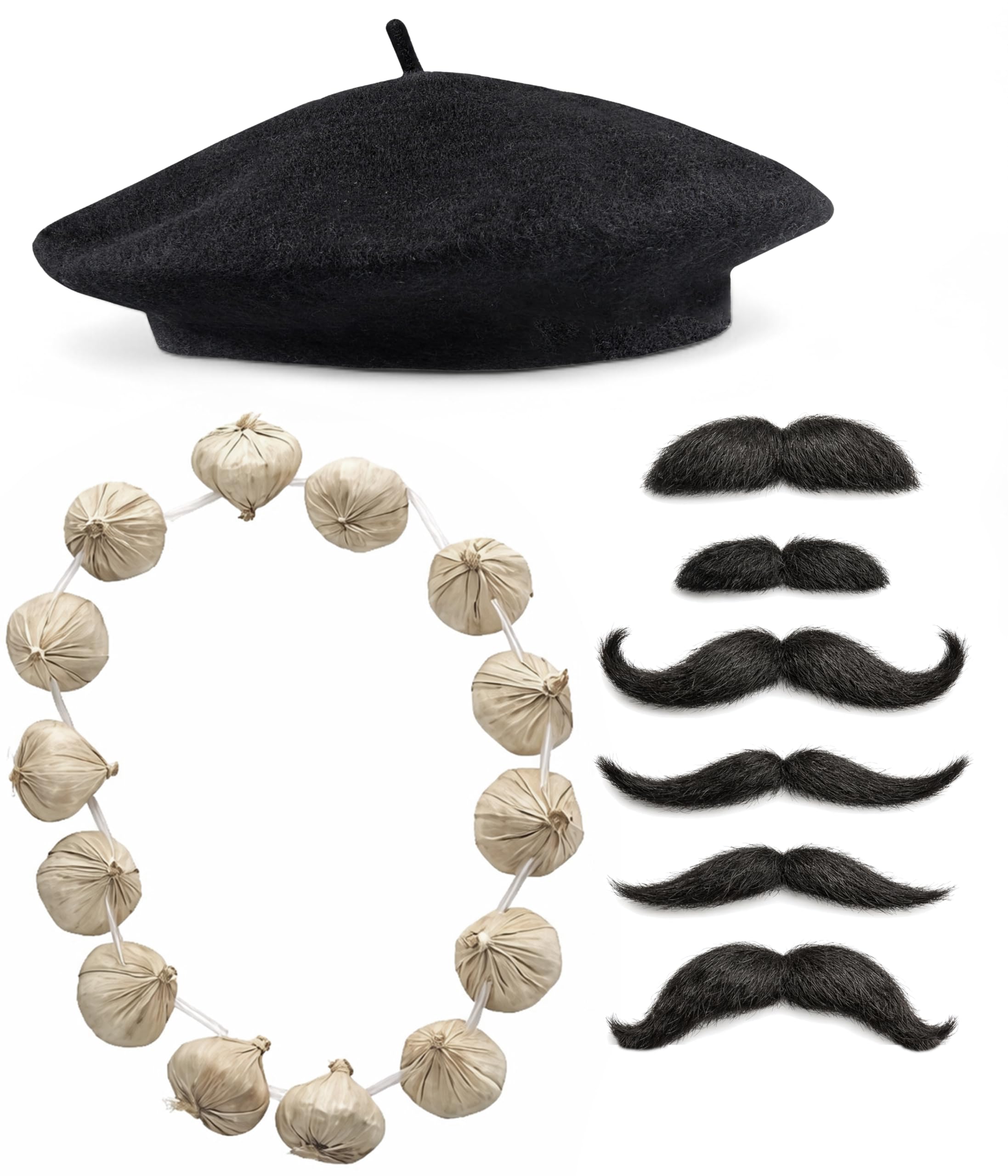 Mega_Jumble Adult Unisex French Bastille Day Fancy Dress Costume Set – 3 Piece Frenchman Black Beret, Moustache & Onion Garland – Bastille Day, Themed Party, Mime Cosplay Accessories (Black)