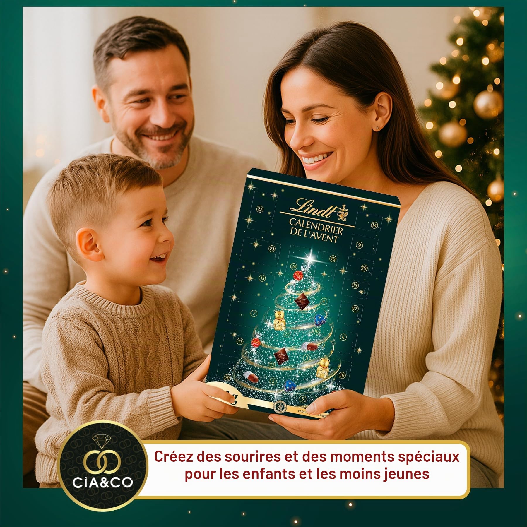 Calendrier de l’Avent LINDT 2025 Arbre de Noël · 24 Chocolats Suisses Lindor & Excellence · Assortiment Gourmet avec Ours, Cœurs & Pralinés · Carte Personnalisable Cia&Co 221 g · Cadeau de Noël Élégan