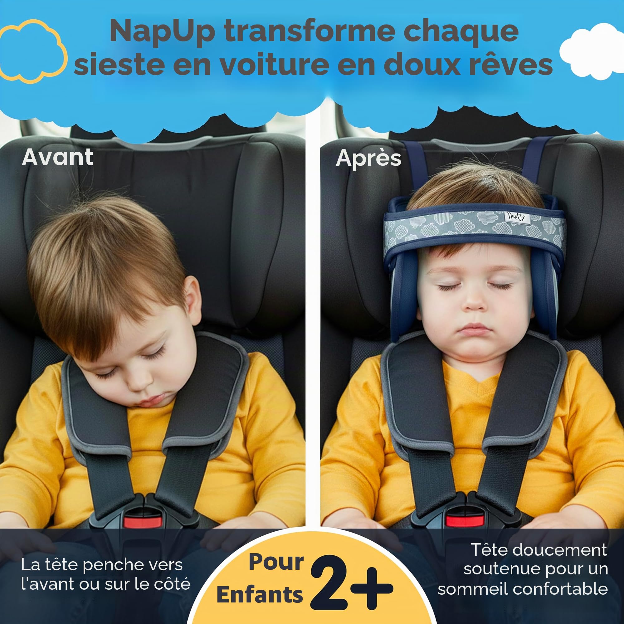 NAPUP Support de tête pour enfants pour sièges de voiture – Solution de soutien sûre et confortable pour la tête et le cou pour sièges de voiture orientés vers l'avant et rehausseurs à dossier haut –