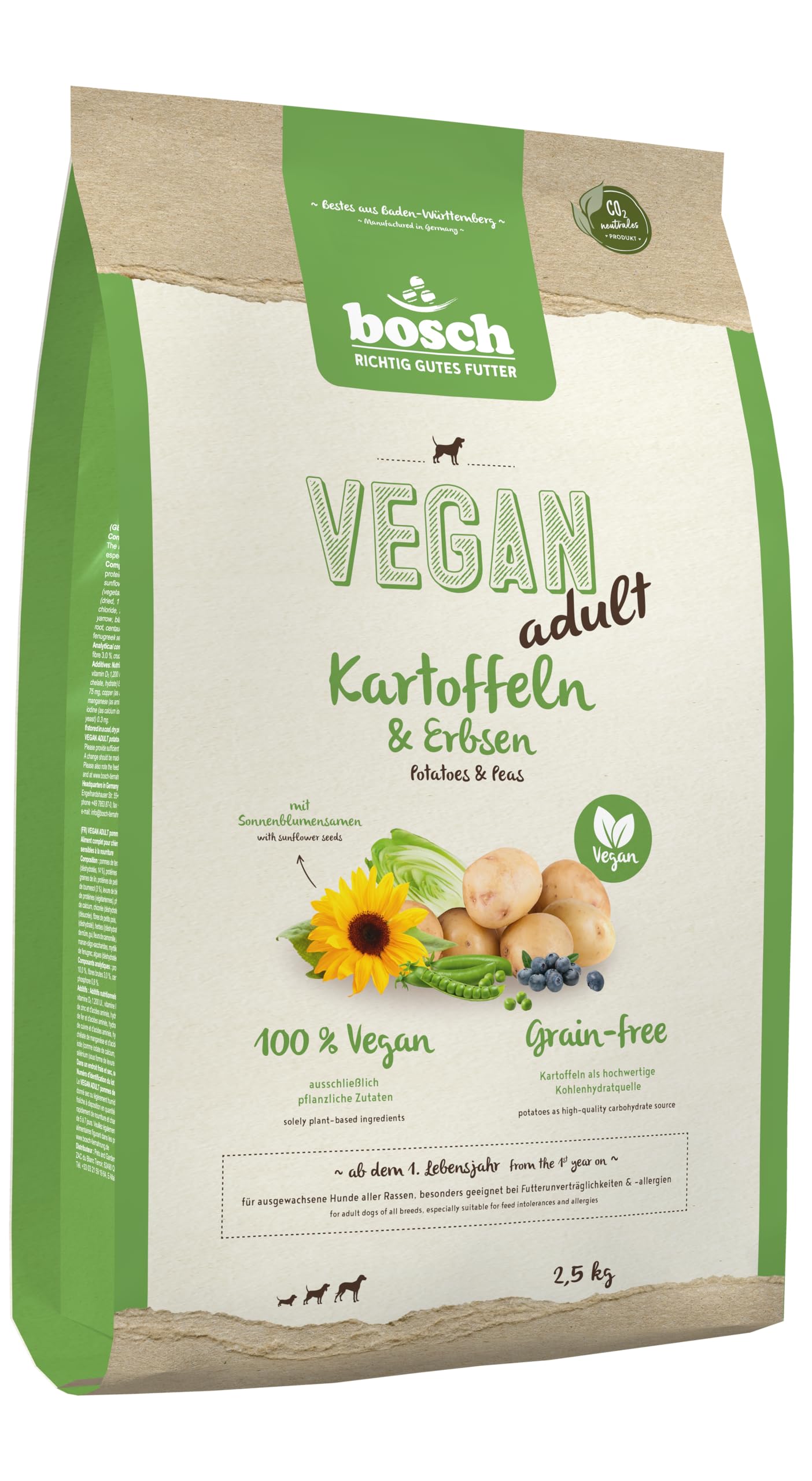 HPC Vegan Adult sucha karma dla psów z ziemniakami i groszkiem, dla dorosłych psów wszystkich ras, pojedyncza proteinowa bez ziarna, 1 x 2,5 kg