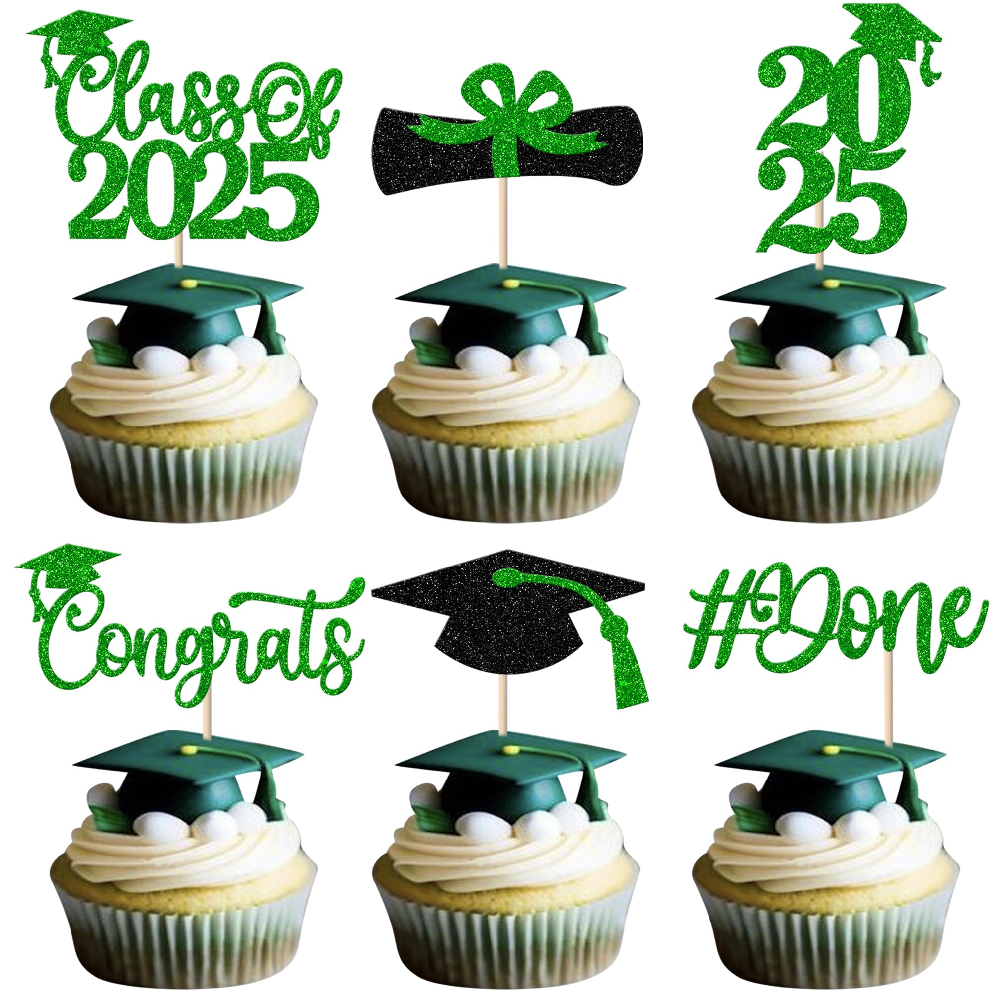 Xsstarmi 24 Pack Congrats Grad Cupcake Toppers Glitter Diploma Done Cupcake Picks Class of 2026 Cake Decorations for 2026 Graduation Party Cake Decoration Supplies Green