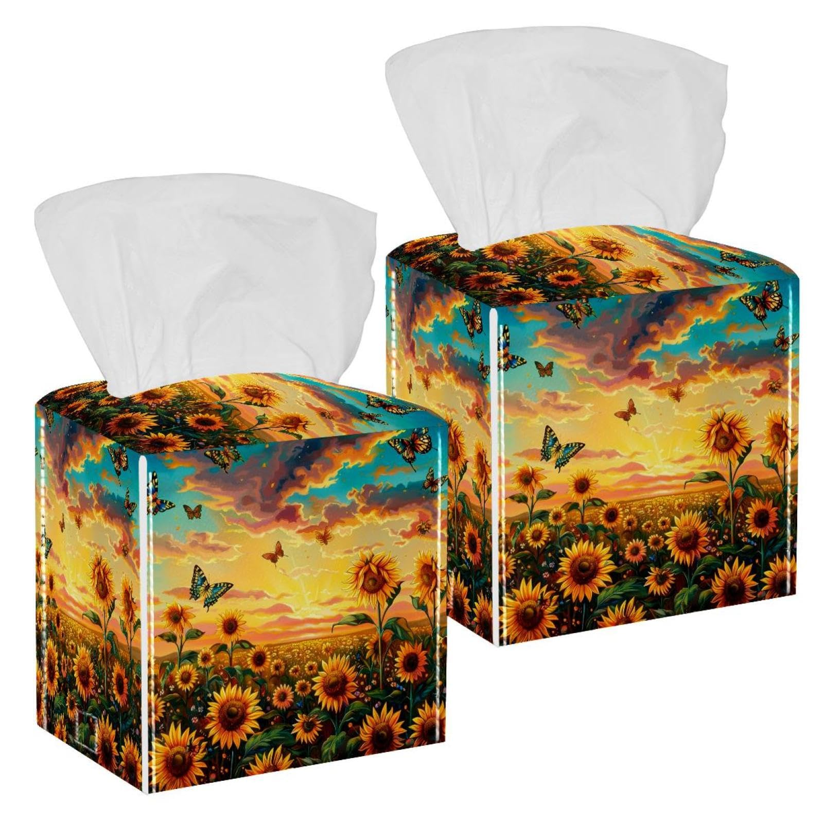 Sunflower Butterfly at Sunset Tissue Box Cover, 2 Pack PU Leather Square Facial Tissue Dispenser Box holder for Home Office Car