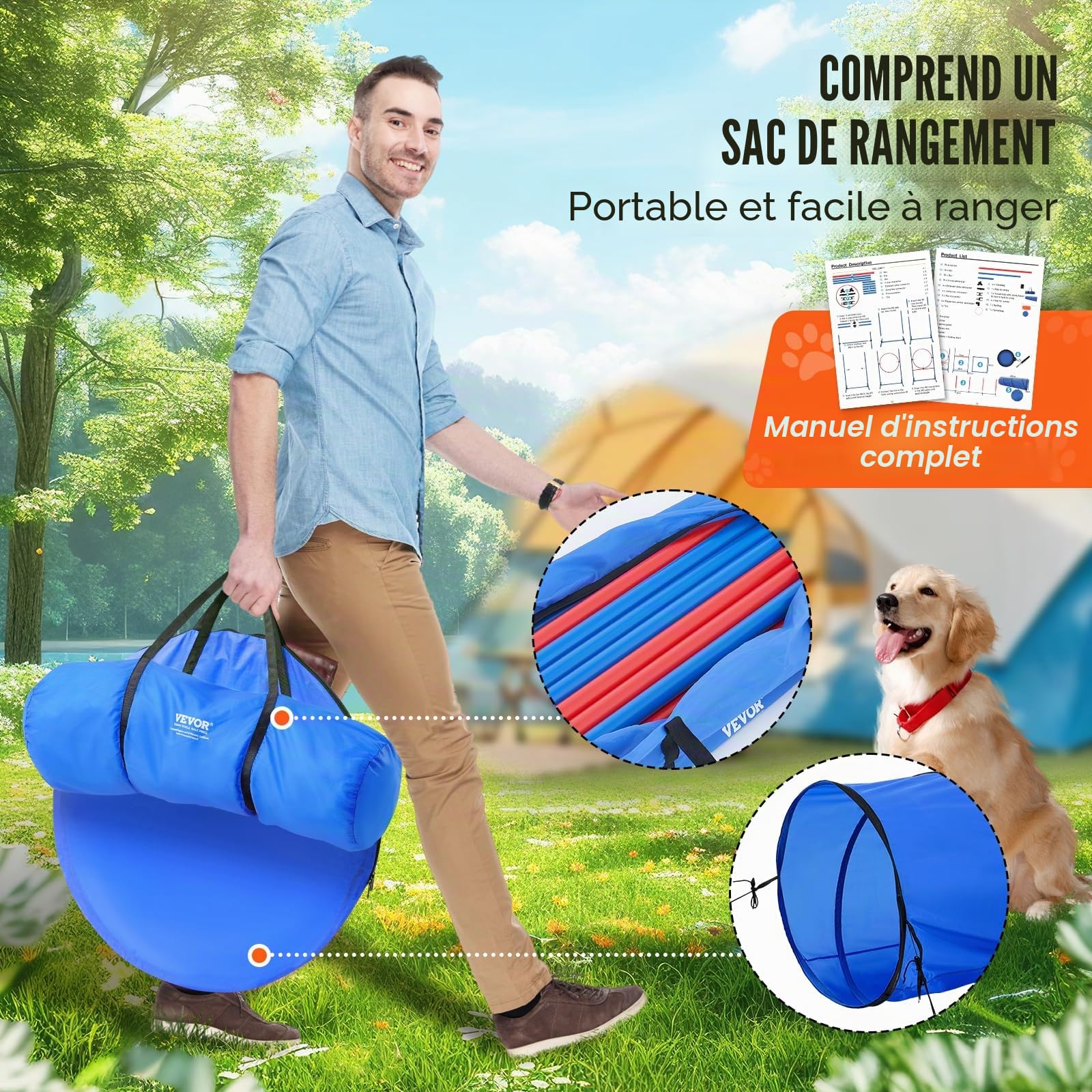 VEVOR Équipements d'Entraînement Agilité pour Chien, Ensemble 5PCS, Parcours Obstacles pour Chiot, avec Haies Hautes Réglables, 6 Poteaux, Tunnel, Anneau de Saut, Boîte de Pause, Sifflet, Bol Pliable