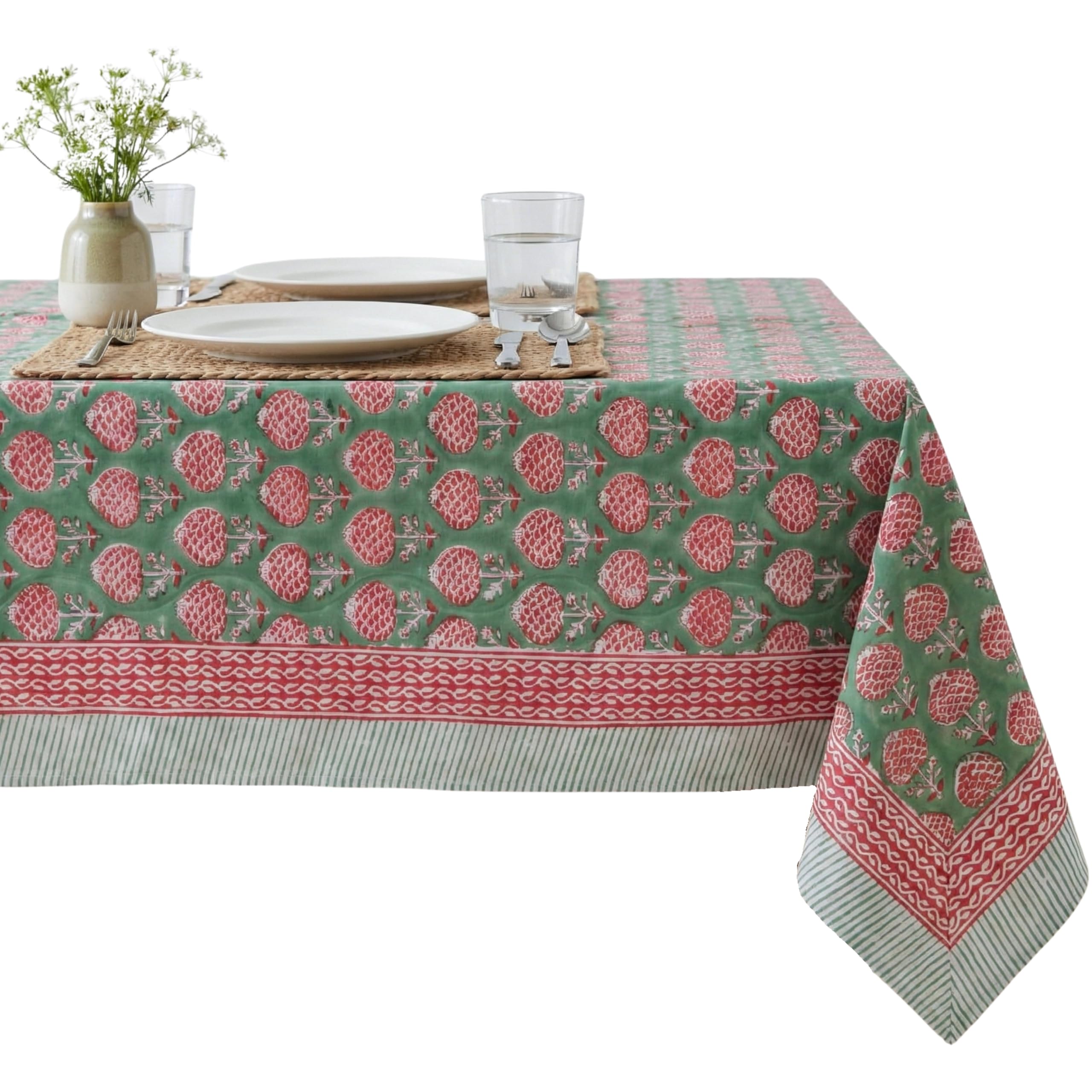 Photo 1 of ATOSII Roma Green 100% Cotton Rectangle Spring Summer Tablecloth, Handblock Floral Table Cloth Linen for Kitchen Dining I Parties Wedding Outdoors Easter Picnics Holidays I 72 X 120 Inches I 10 Seater