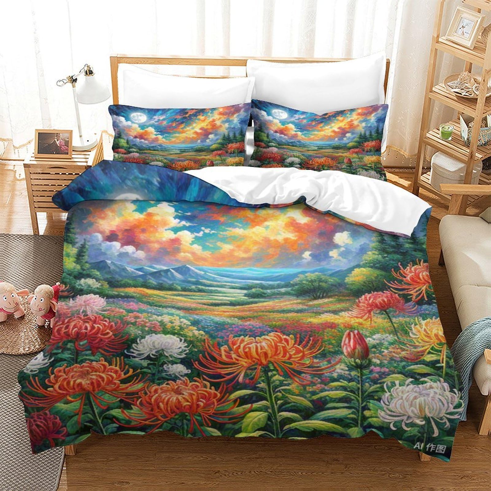 Linge de lit Protea 140x200 en microfbre avec housse de couette imprimée 3D et taie d'oreiller