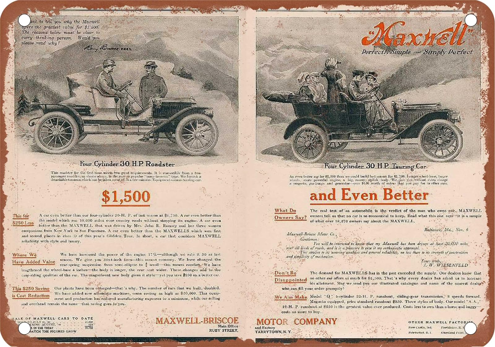 METAL SIGN - 1909 Maxwell Vintage Ad 0a - Old Retro Rusty Look home decor