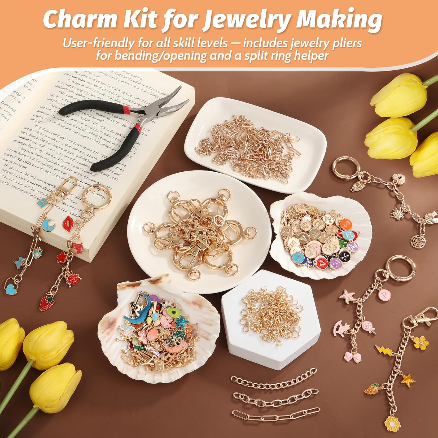 500Pcs Charms Lip Gloss Keychain Making Kit, DIY Craft Supplies with Charms, Key Chain Hooks, Jump Rings, Lobster Clasps, Chains & Tools, Jewelry Making Kit for Custom Keychains, Valentines Gifts