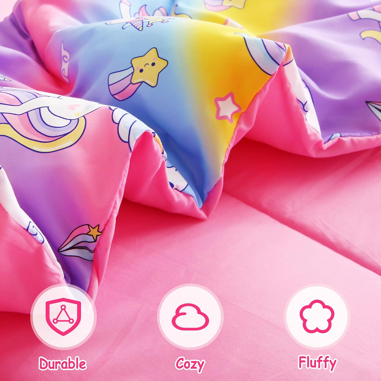 lasoftan Kids' Rainbow Unicorn Twin Comforter Set, 5-Piece | Soft Fluffy Bed-in-a-Bag, Fitted Sheet, Flat Sheet, Pillowcase, Pillow Sham, Deep Pocket 15", All-Season