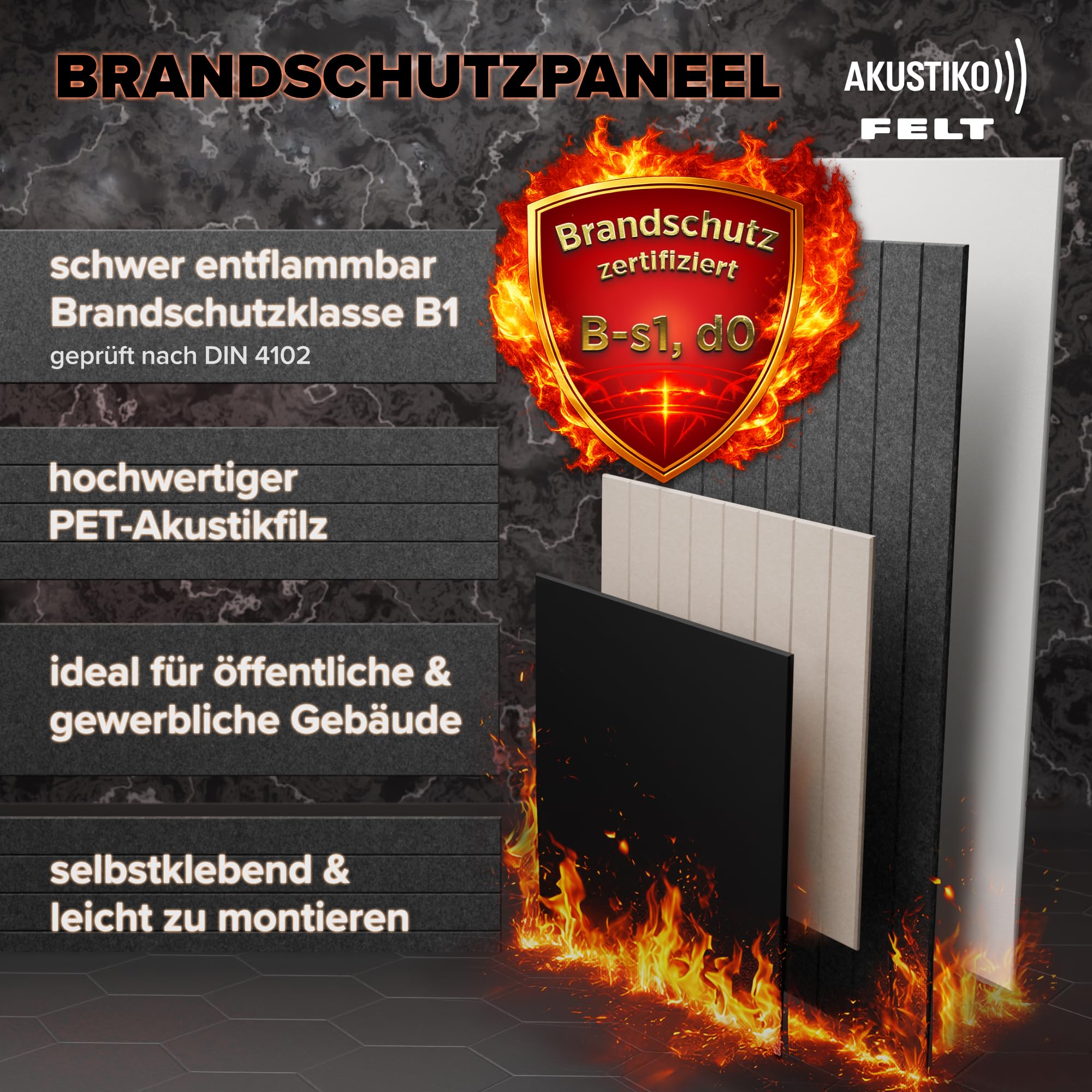 AKUSTIKO Akustikpaneele Selbstklebend 240x30cm - 8 Stück Schwarz Akustik Wandpaneele Brandschutzklasse B-s1-d0 Panels Filz 9mm Hexim Decken- & Wandverkleidung Raum Optimierung (5.76m²)