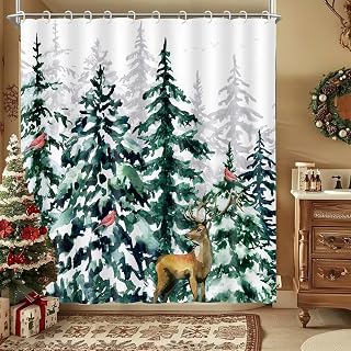 Wathon Rustic Deer in Snow Forest Shower Curtain, Snowy Teal Green Countryside Landscape Bath Curtain Christmas Pine Tree Winter Nature Scene Xmas Holiday Bathroom Decorations 70x70IN