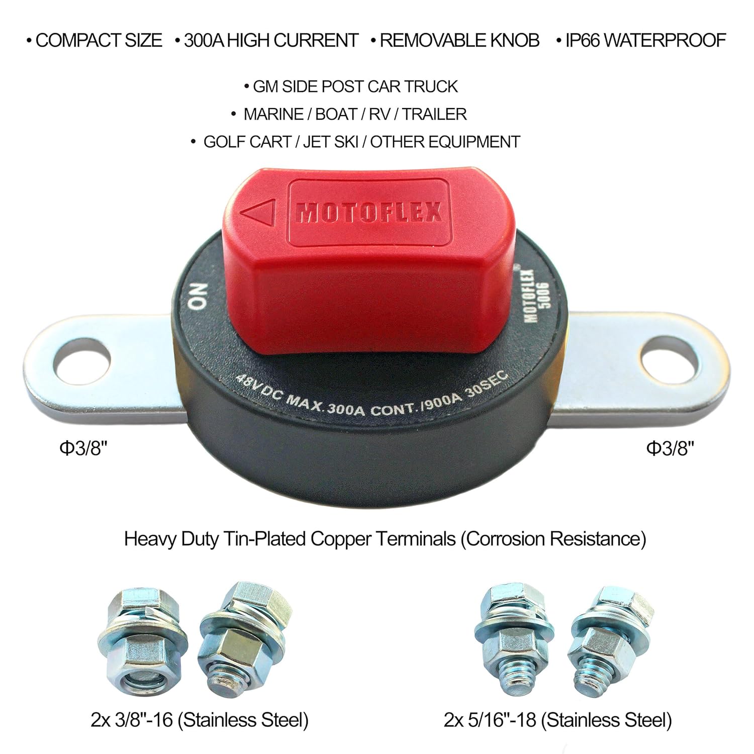 ON/Off Battery Disconnect Switch 12V-48V 300A Side Post Battery Disconnect GM Car Truck, Marine Boat RV Trailer Golf Cart Heavy Duty Battery Kill Switch (Corrosion-Resistance, Removable Knob)