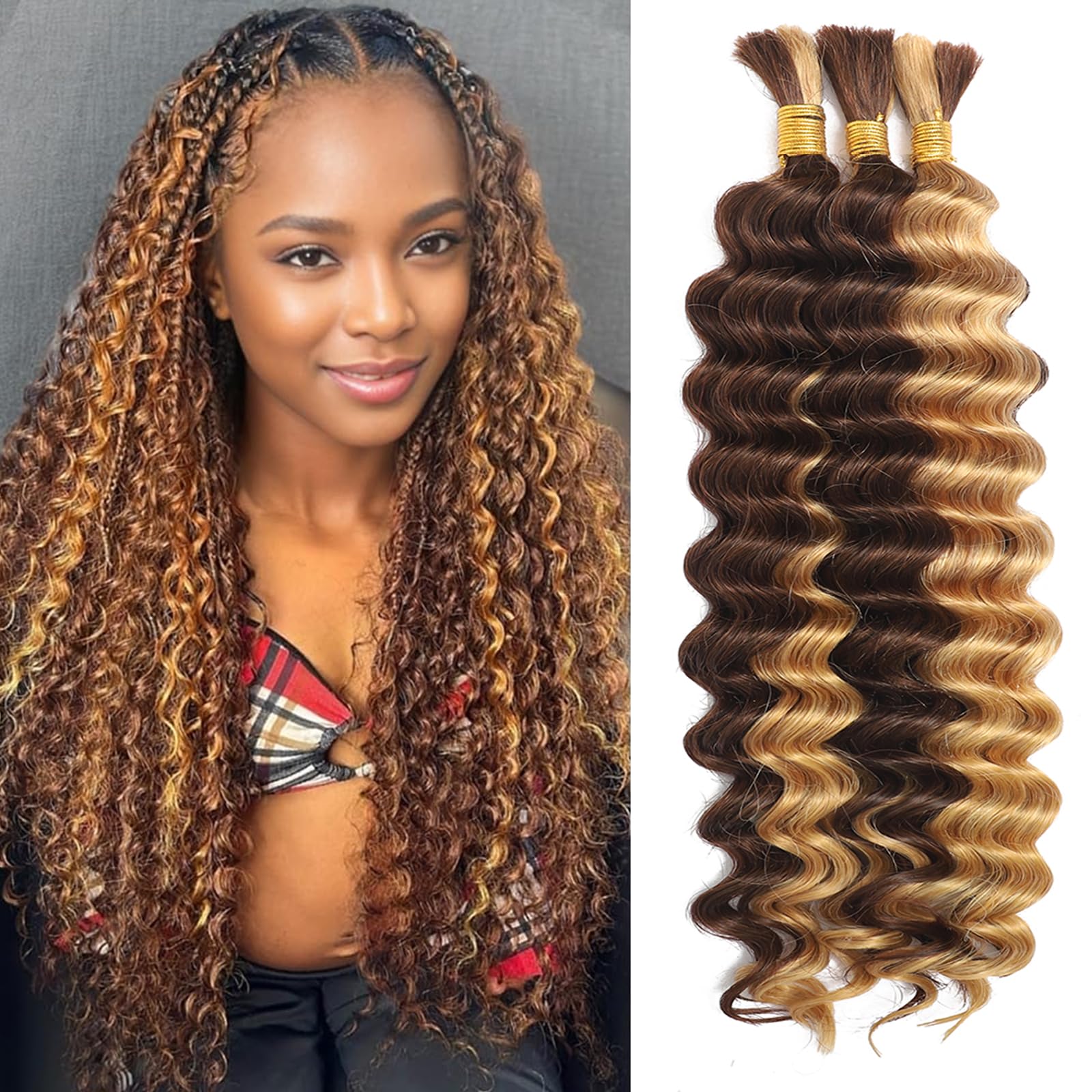 Human Braiding Hair for Boho Braids Human Hair 3 Bundles/Pack 110g 22 Inch Deep Wave Bulk Human Hair for Braiding Curly Knotless 12A Brazilian Virgin Ombre Balayage